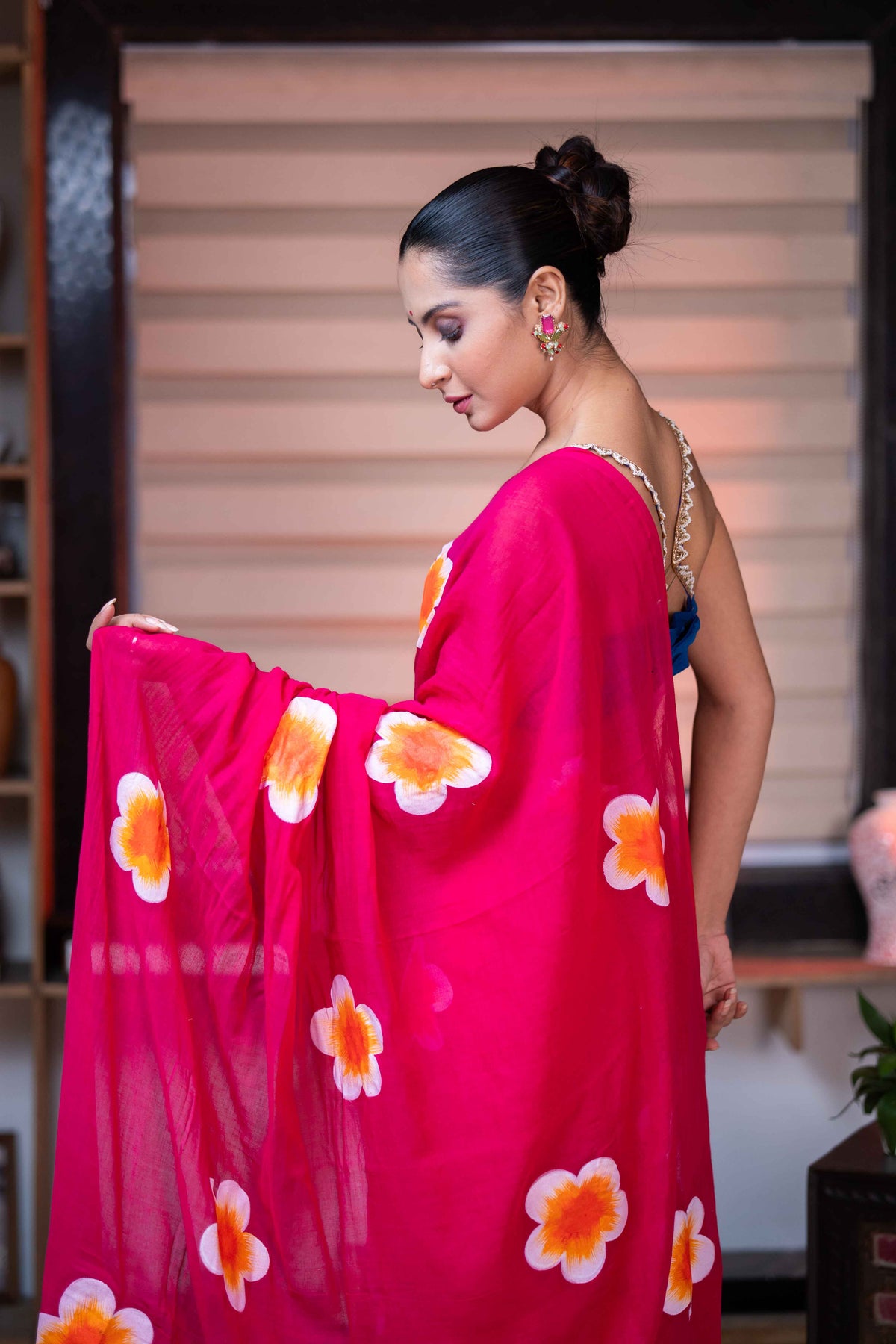 Rani Hand-Printed Floral Mulmul Cotton Saree