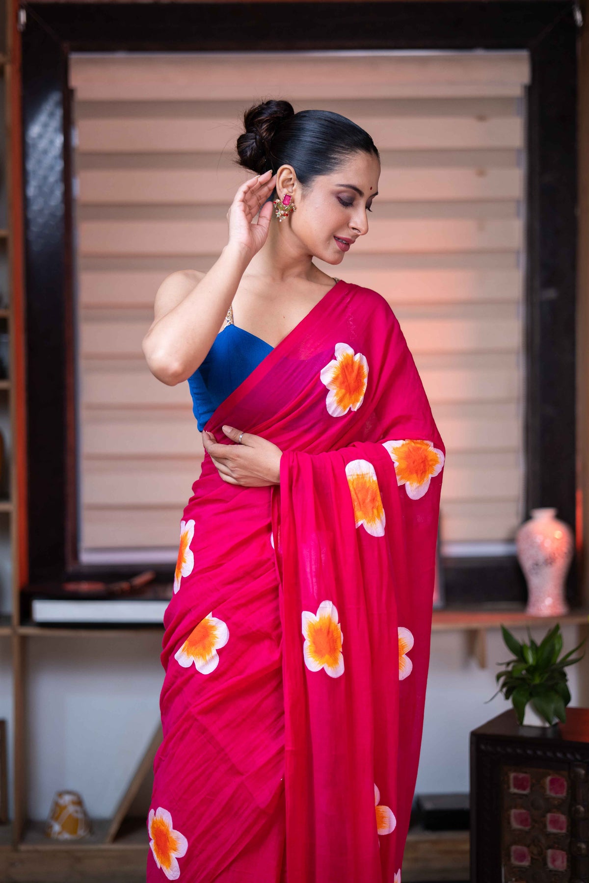 Rani Hand-Printed Floral Mulmul Cotton Saree