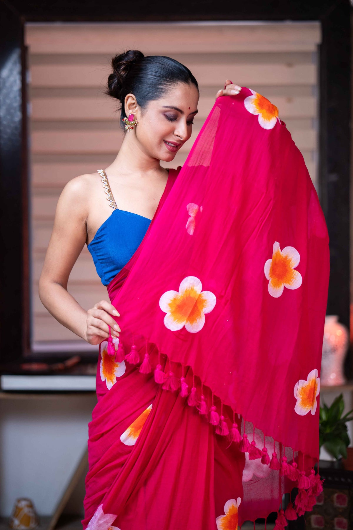 Rani Hand-Printed Floral Mulmul Cotton Saree