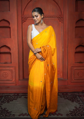 Pure Mul Cotton Mirror Work Saree- Yellow