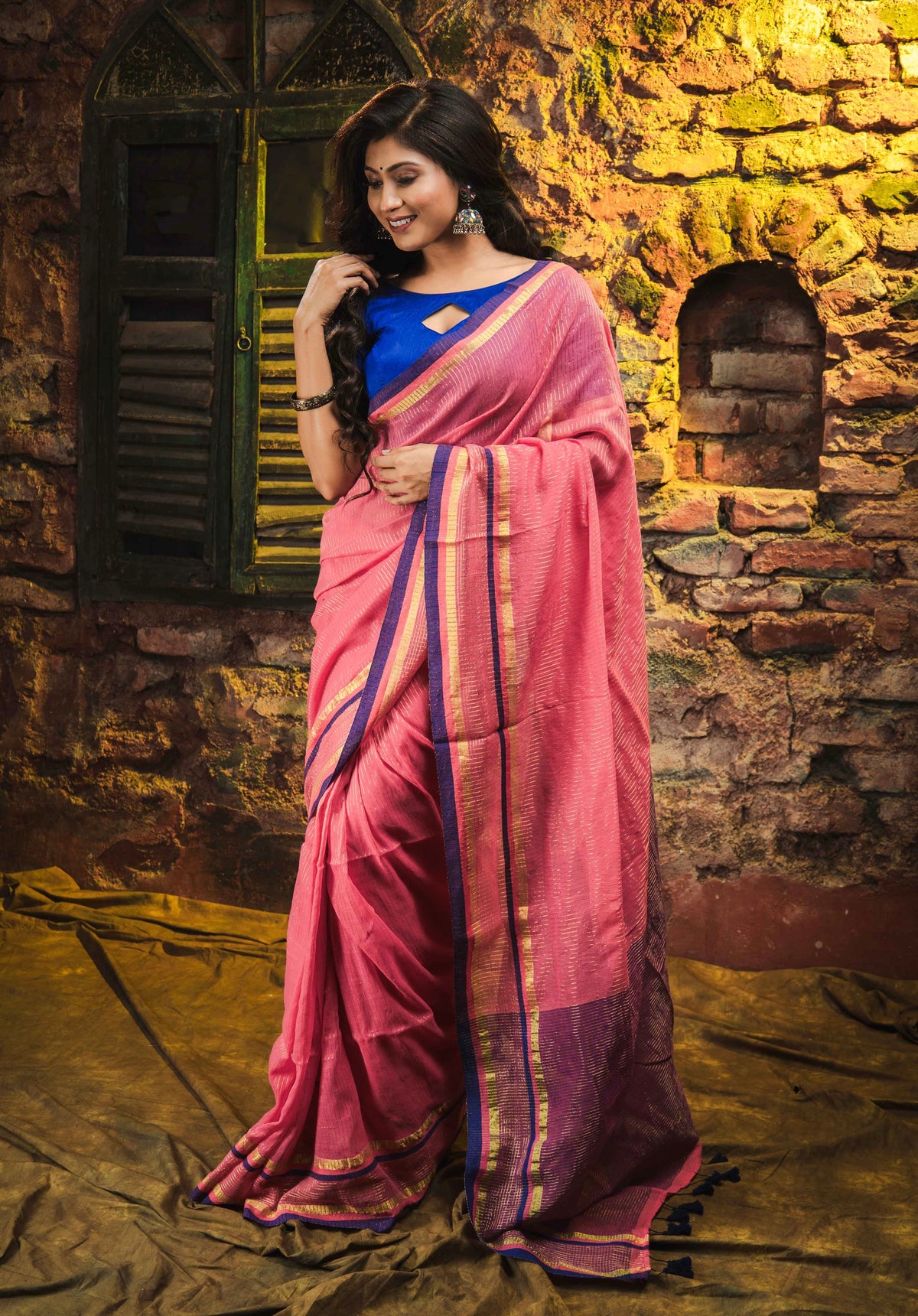 Candy pink zari check mulmul cotton saree
