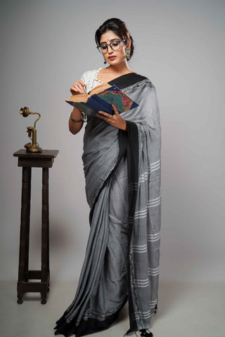 Grey Mulmul Cotton Saree with Hand Weaving Border & Blouse Piece