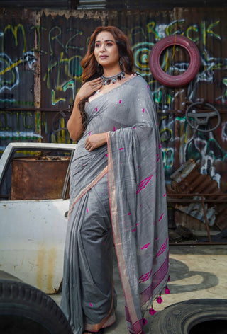 Grey Hand Weaving Mulmul Cotton Saree
