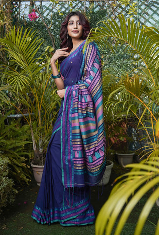 Royal Blue Pure Masrise Cotton Handwoven Saree with contrast blouse piece