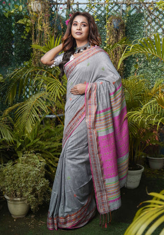 Grey Pure Masrise Cotton Hand Weaving Buti saree with contrast blouse piece