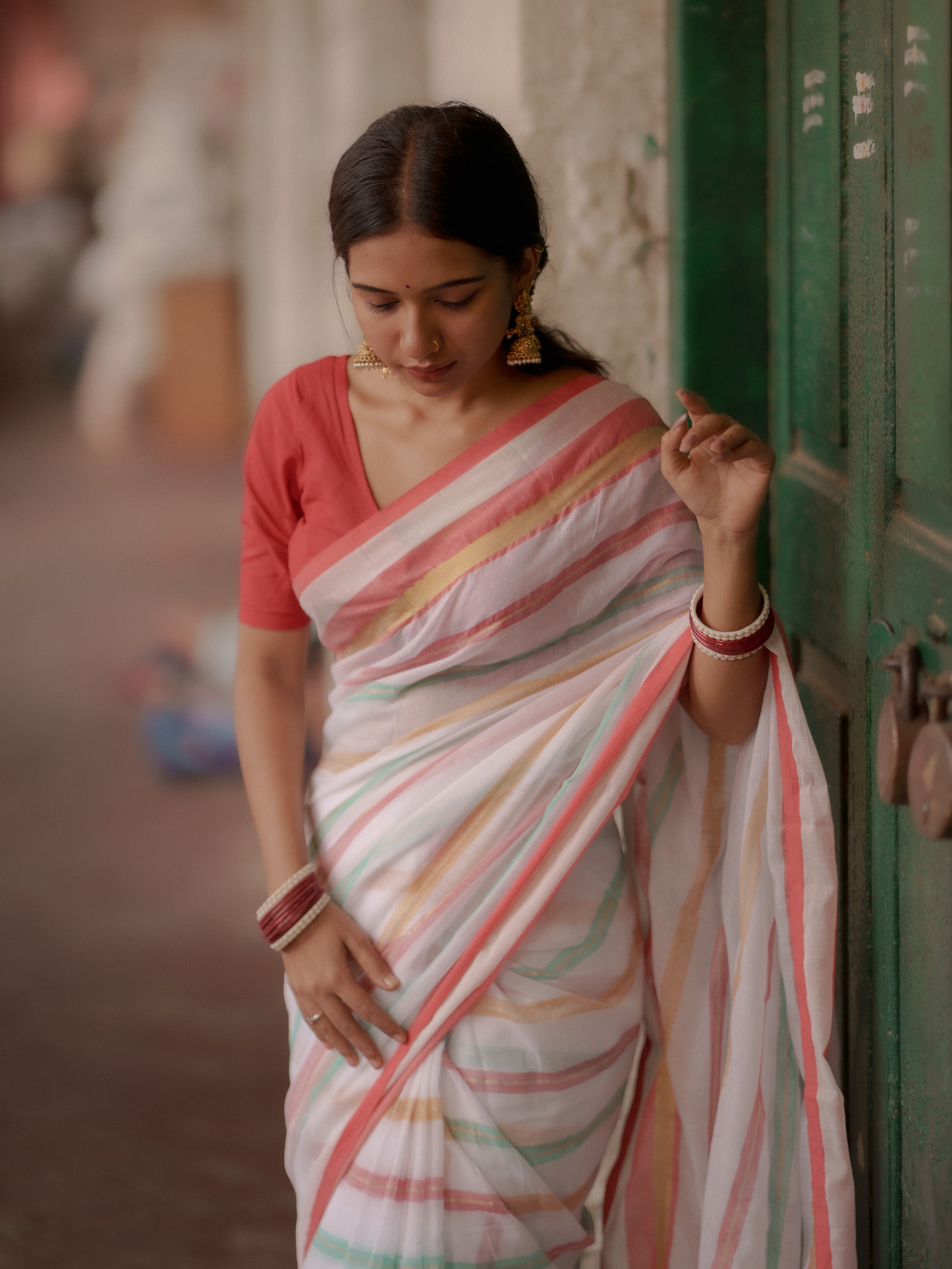 White and Red Striped Mul Mul Cotton Saree