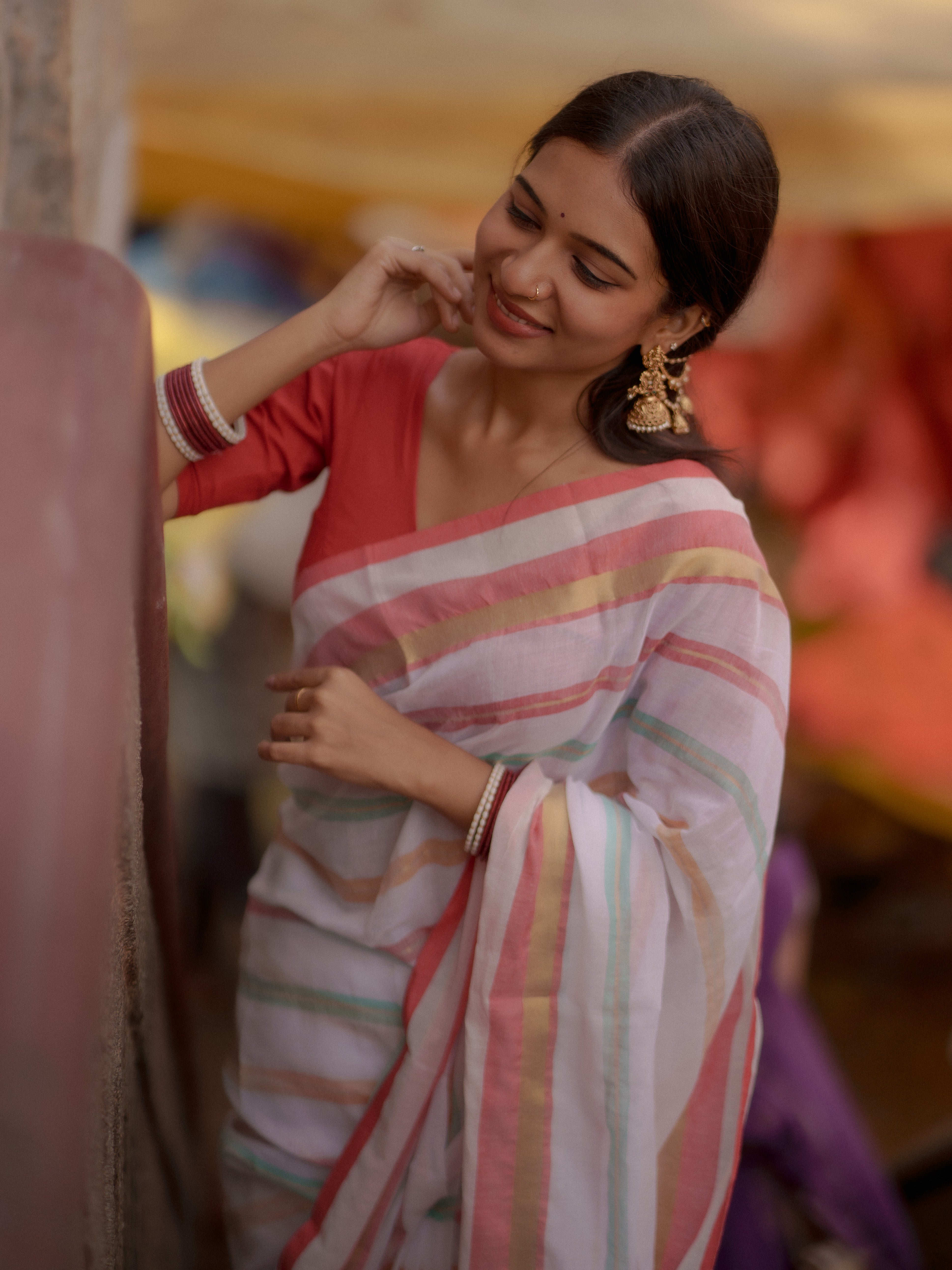 White and Red Striped Mul Mul Cotton Saree