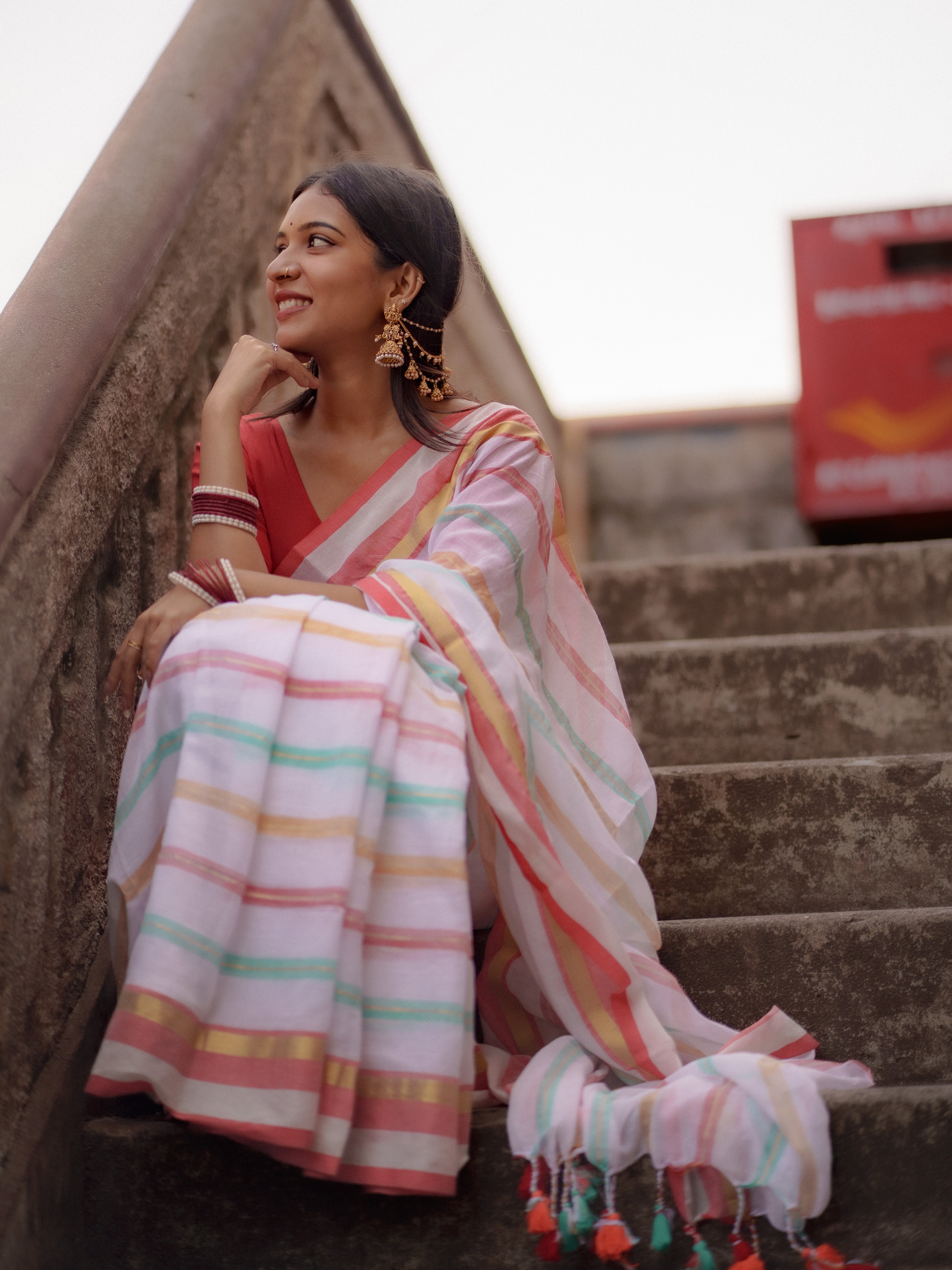 White and Red Striped Mul Mul Cotton Saree
