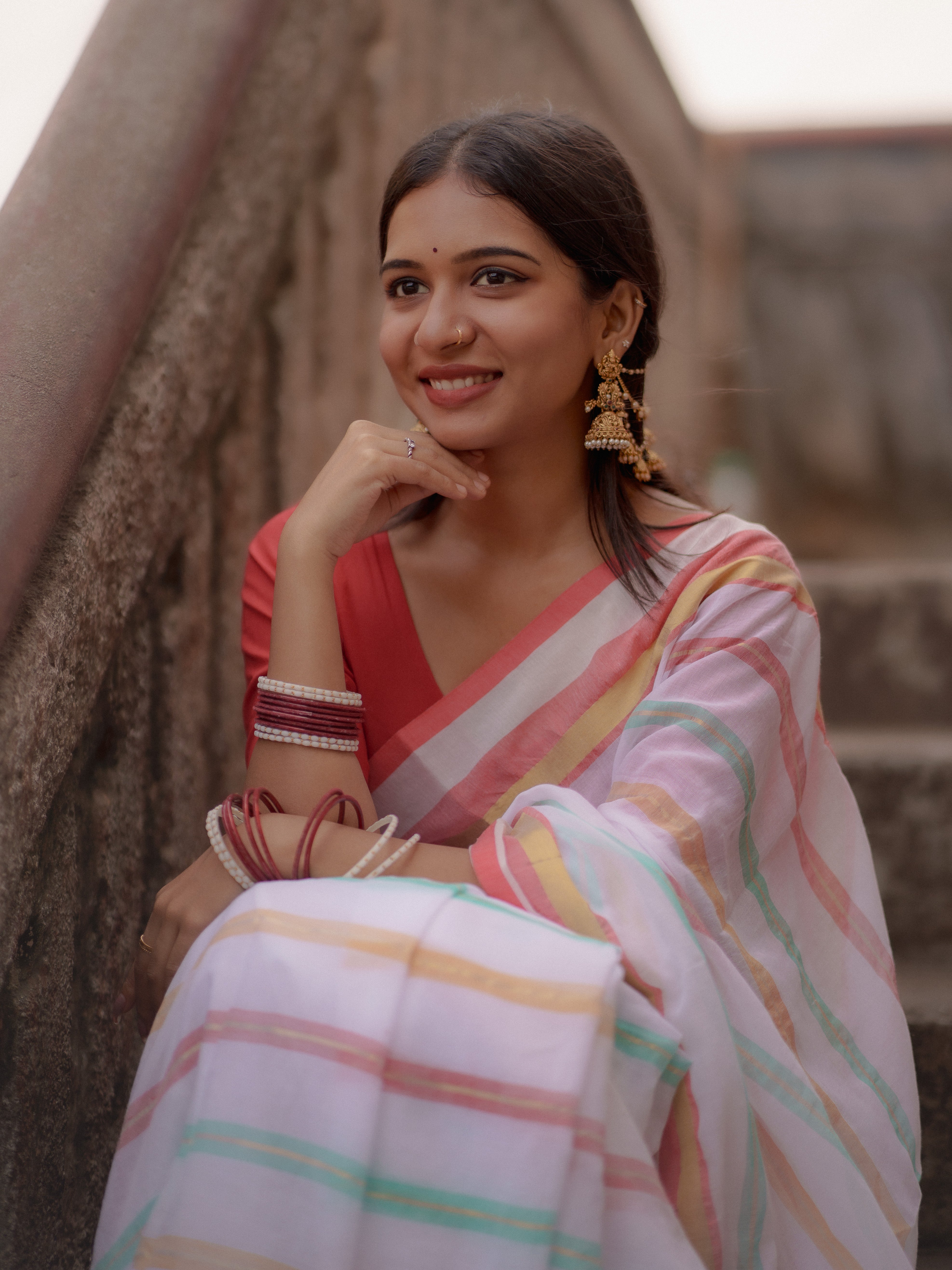 White and Red Striped Mul Mul Cotton Saree