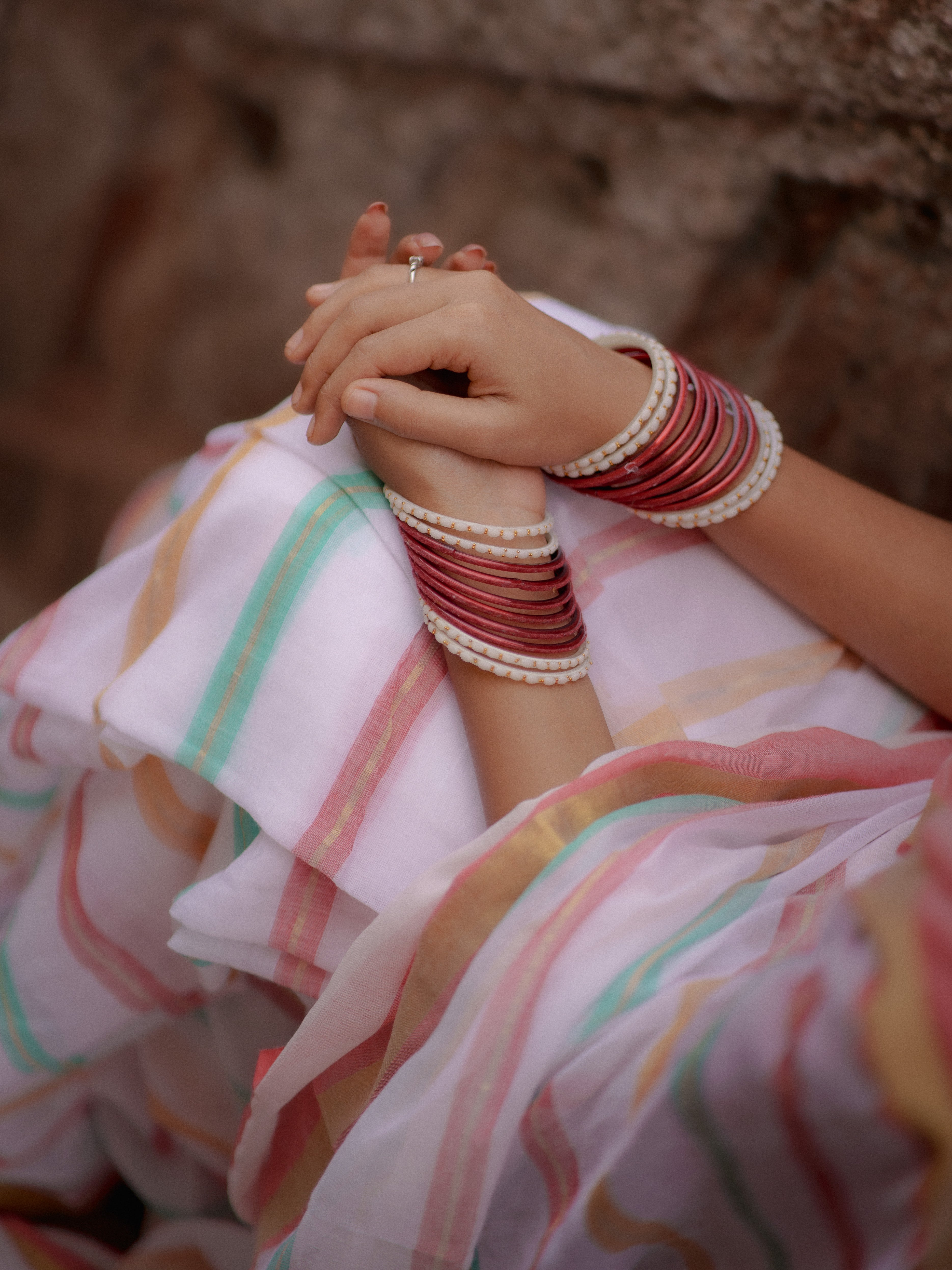 White and Red Striped Mul Mul Cotton Saree