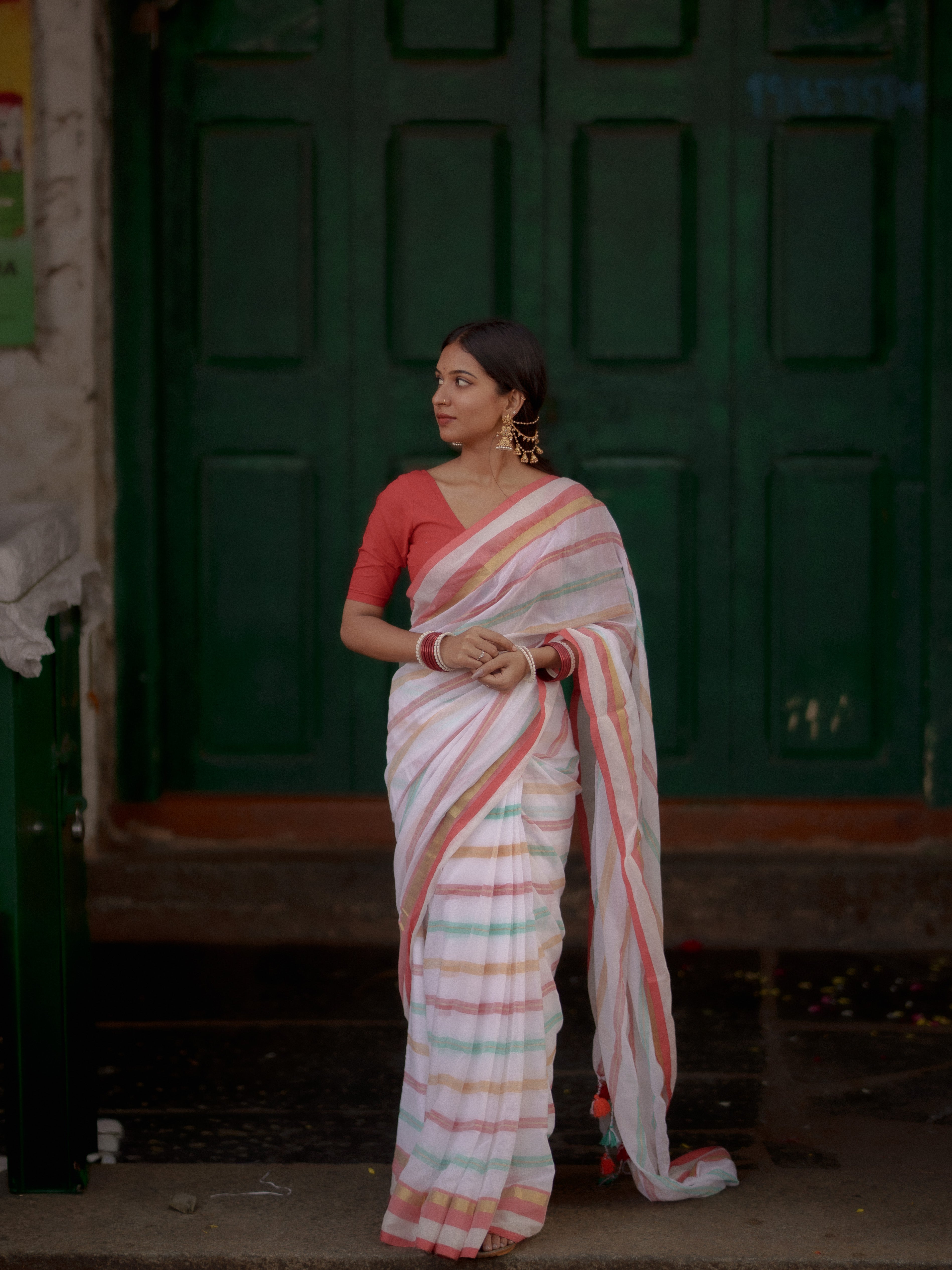 White and Red Striped Mul Mul Cotton Saree