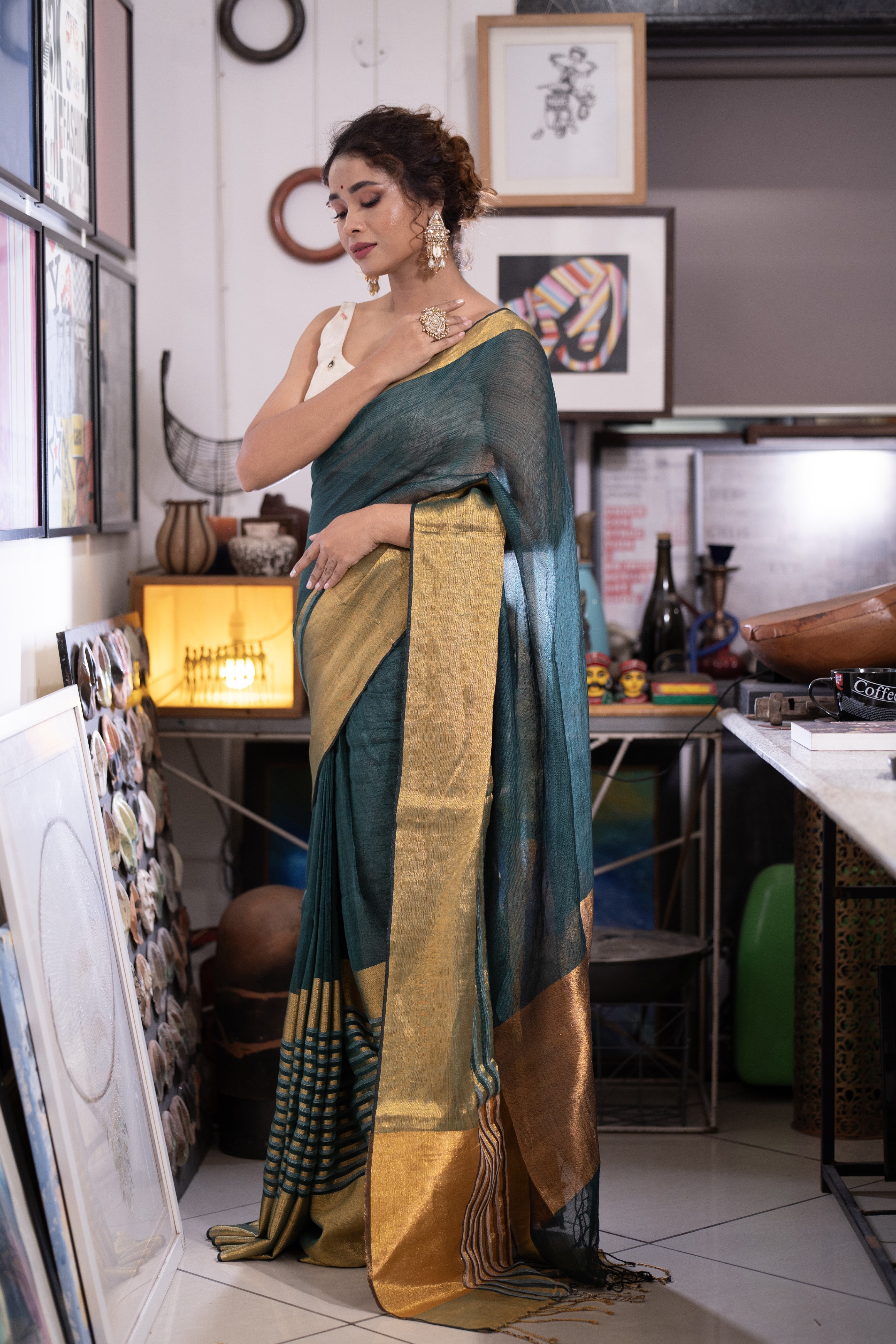 Dark Green Half Half Linen Sarees