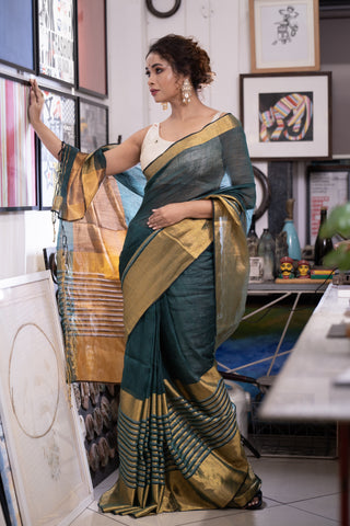 Dark Green Half Half Linen Sarees with blouse piece
