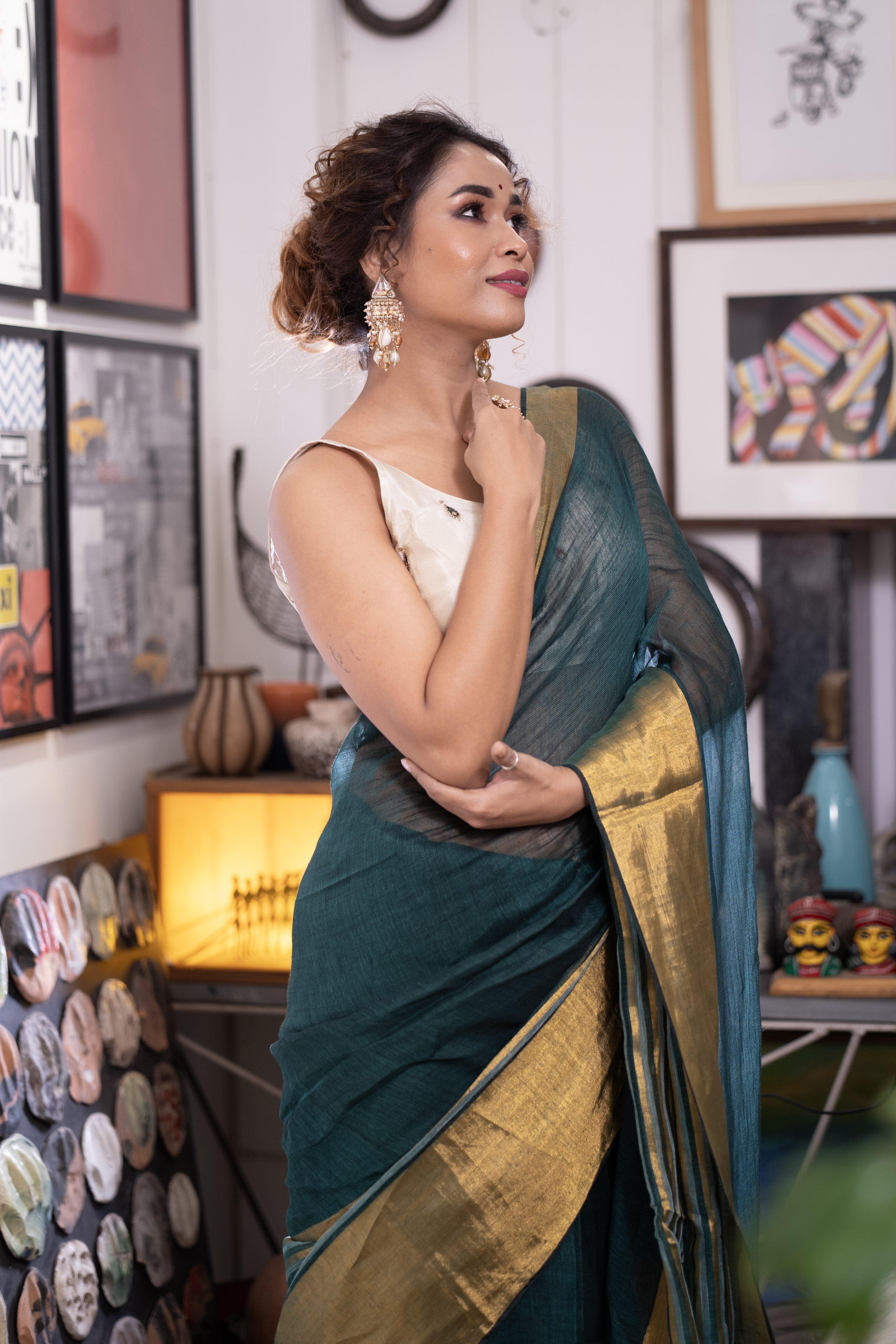 Dark Green Half Half Linen Sarees