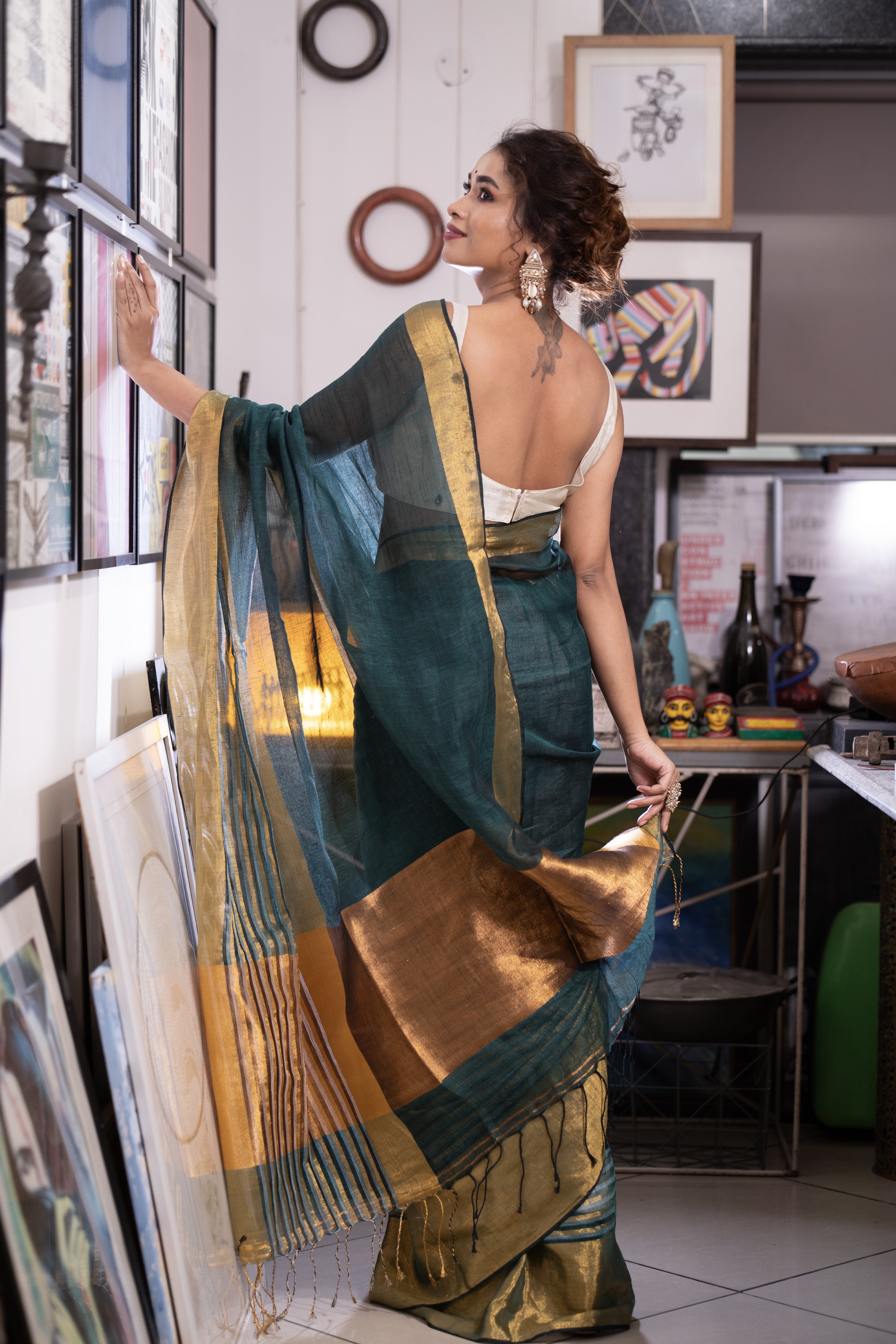 Dark Green Half Half Linen Sarees