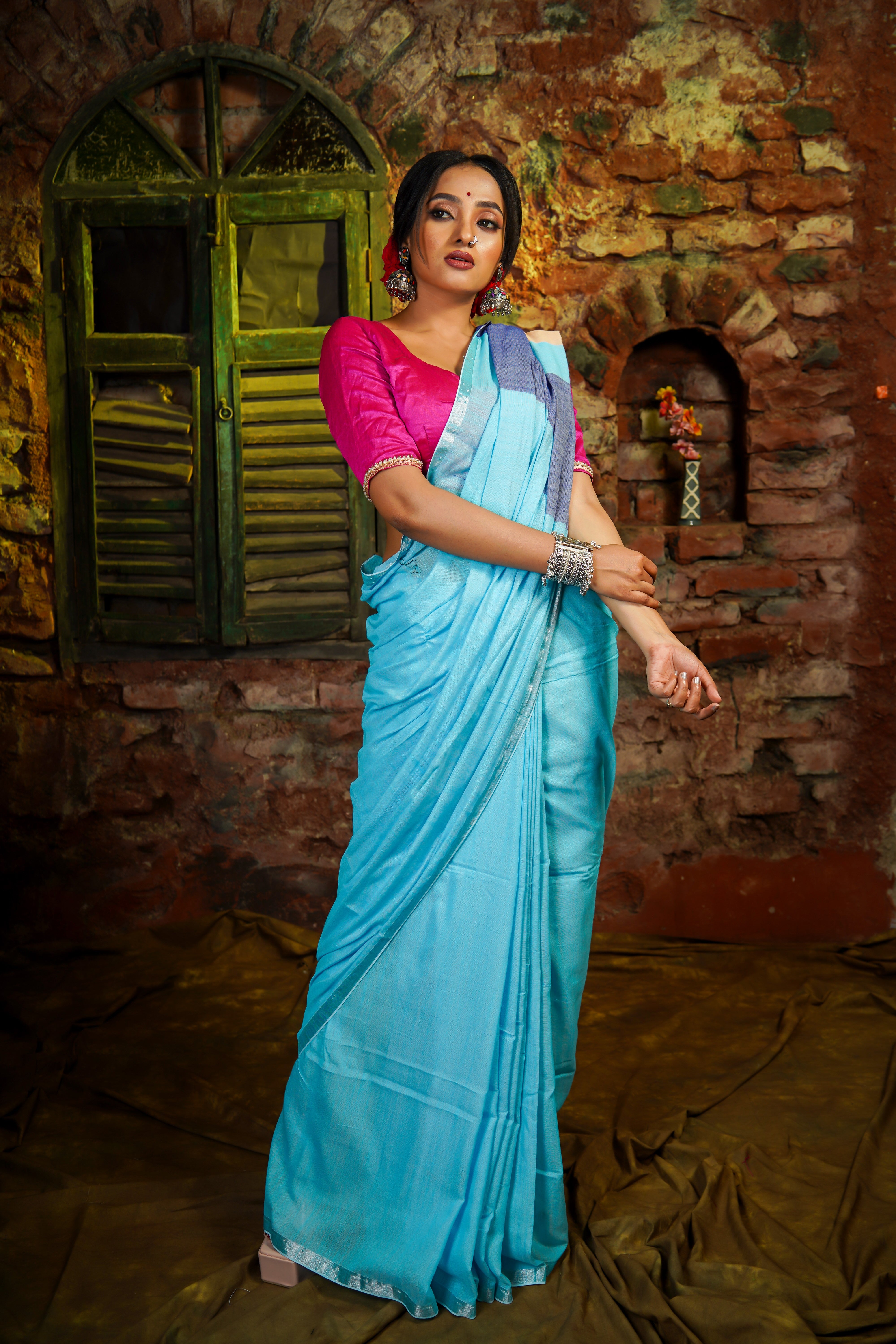 Sky Blue Premium soft Cotton Saree