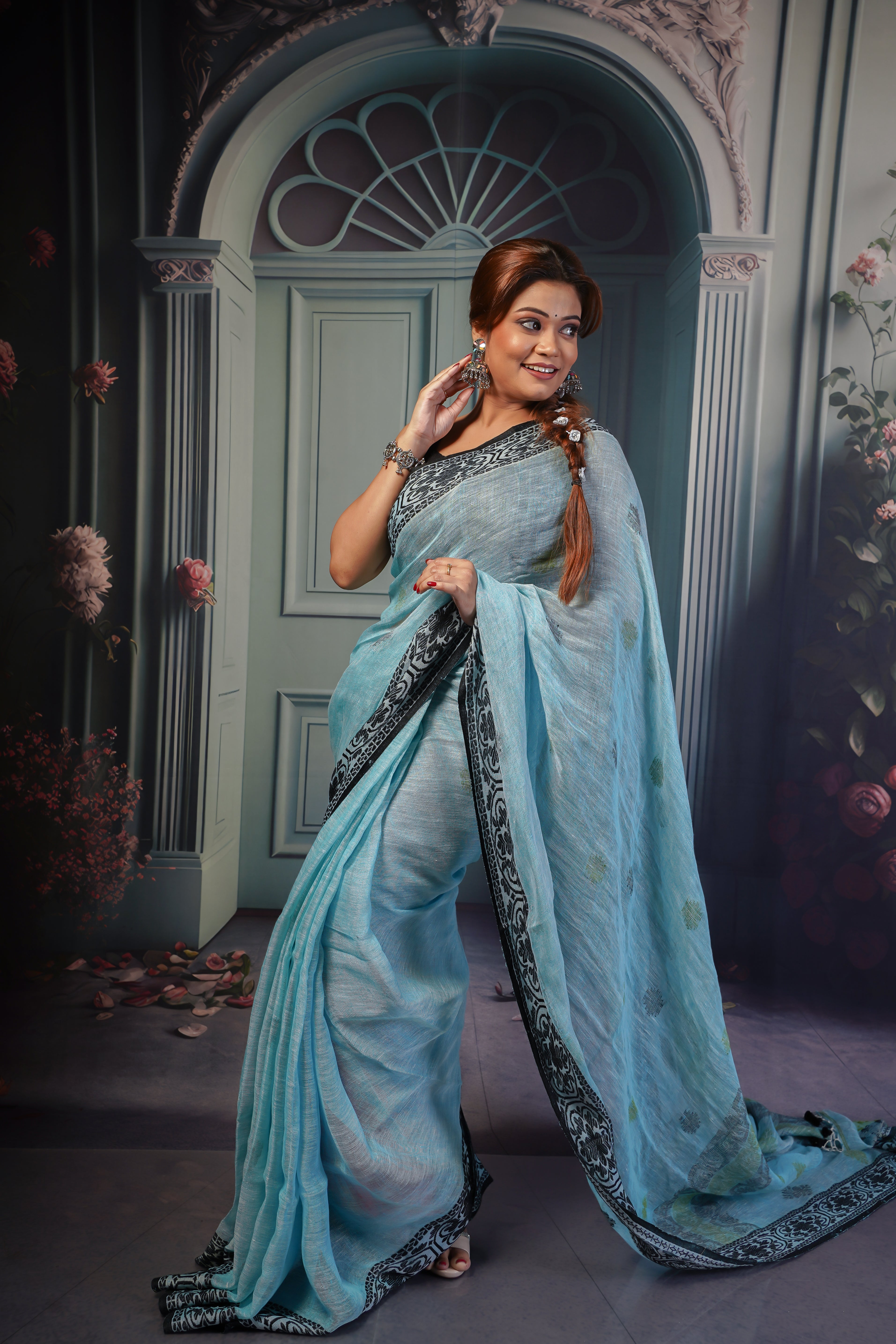 Sky Blue & Black Linen Woven Jamdani Saree