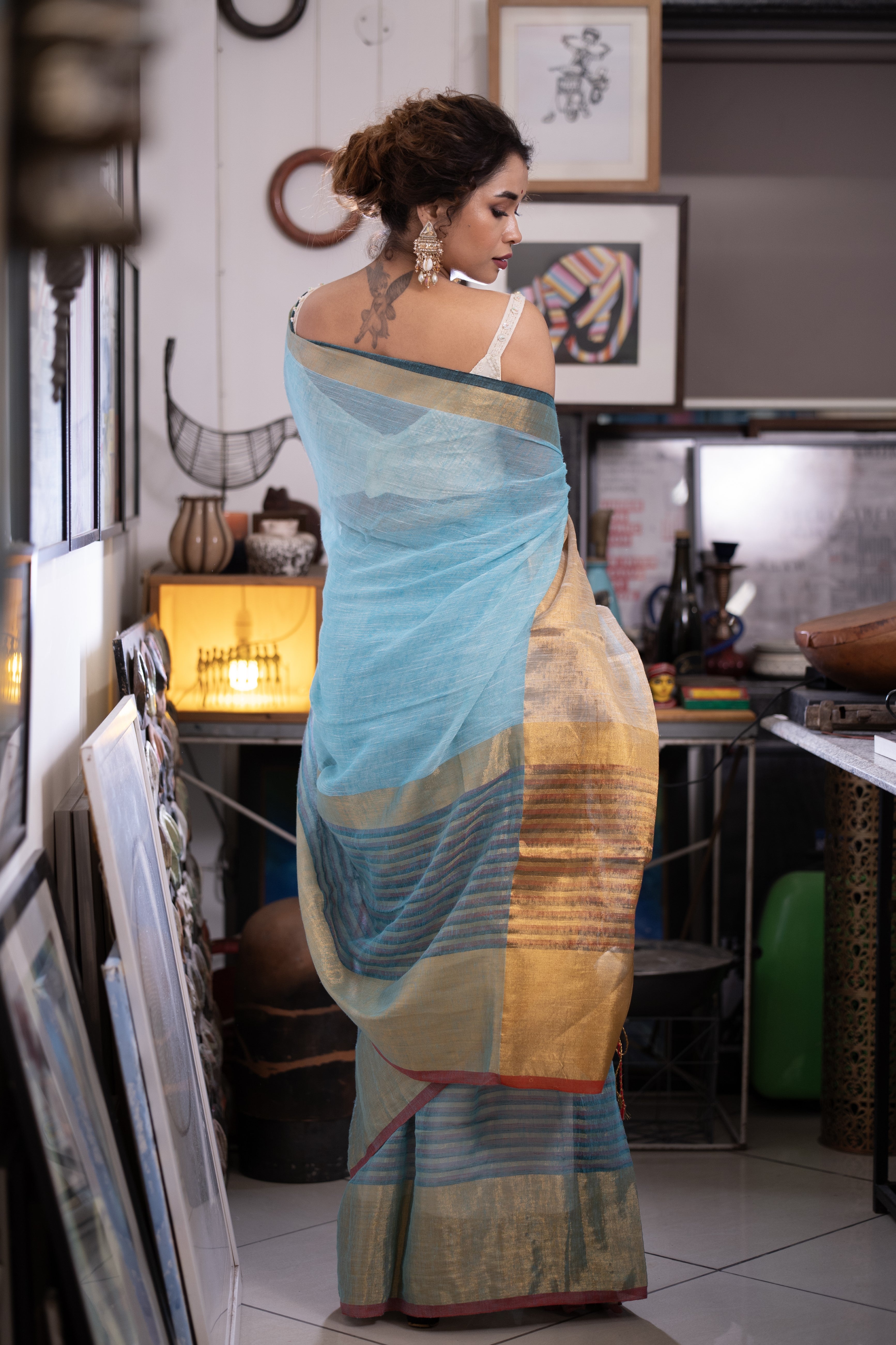 Sky Blue Half Half Linen Sarees