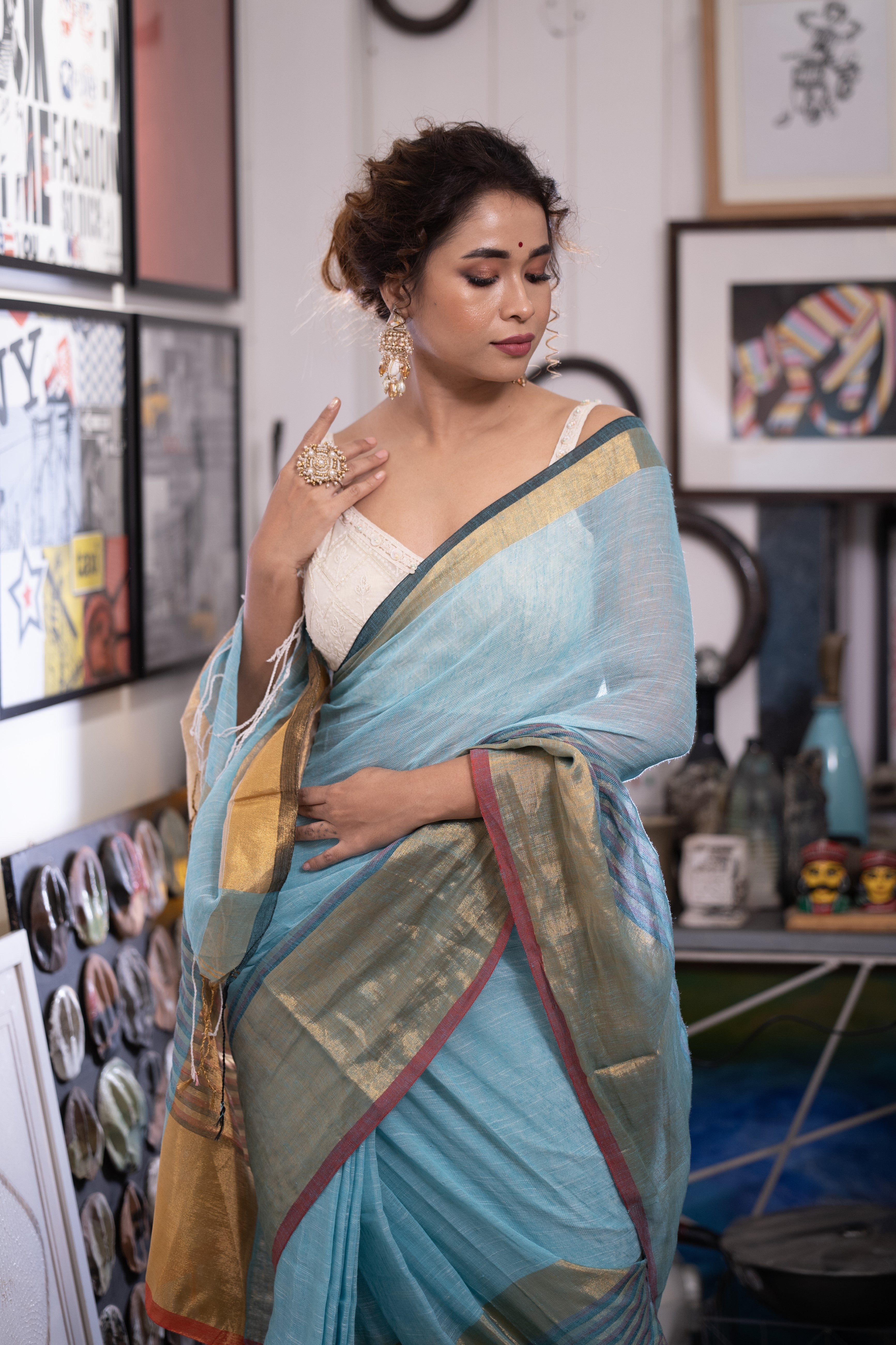 Sky Blue Half Half Linen Sarees