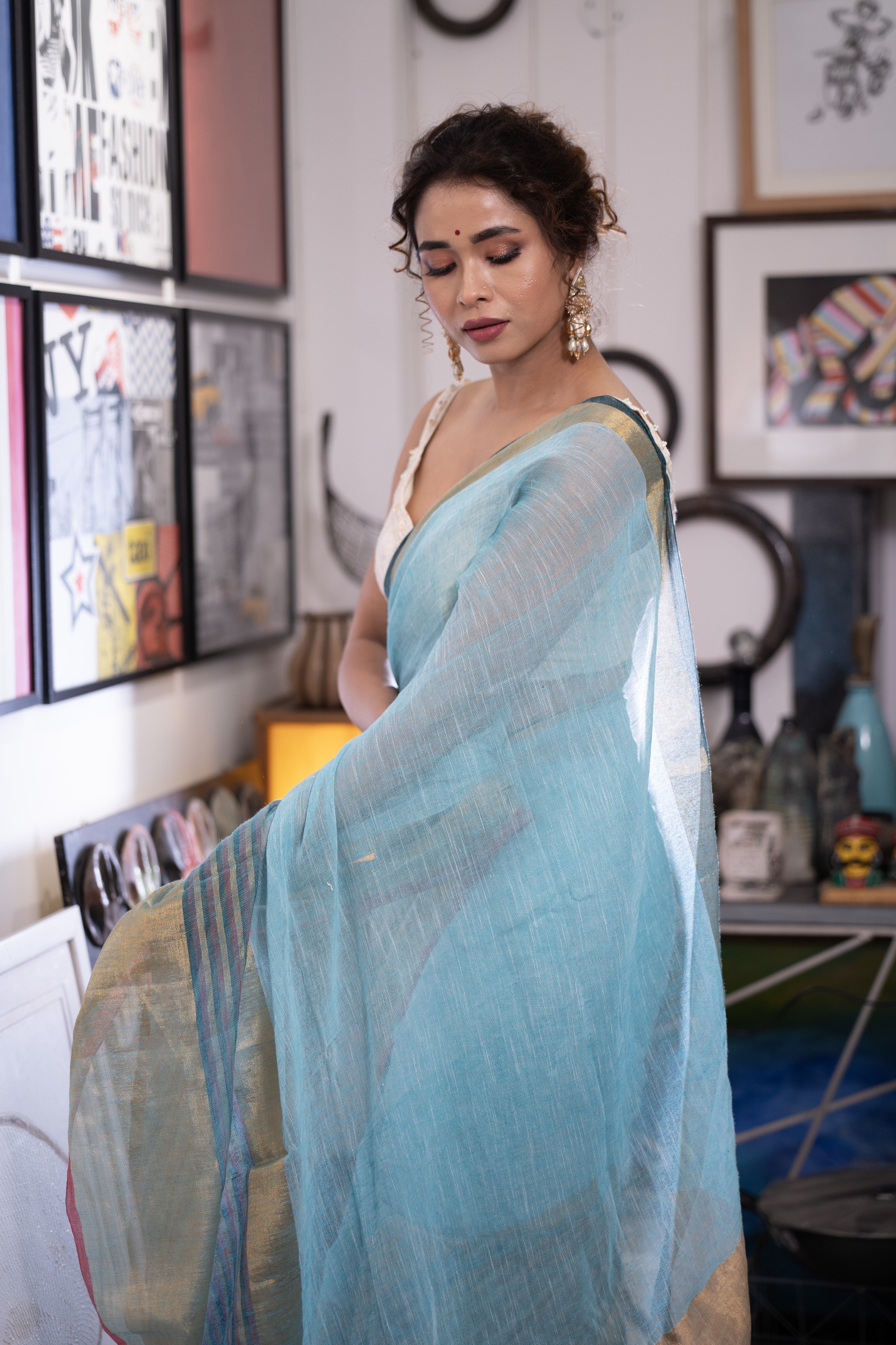 Sky Blue Half Half Linen Sarees