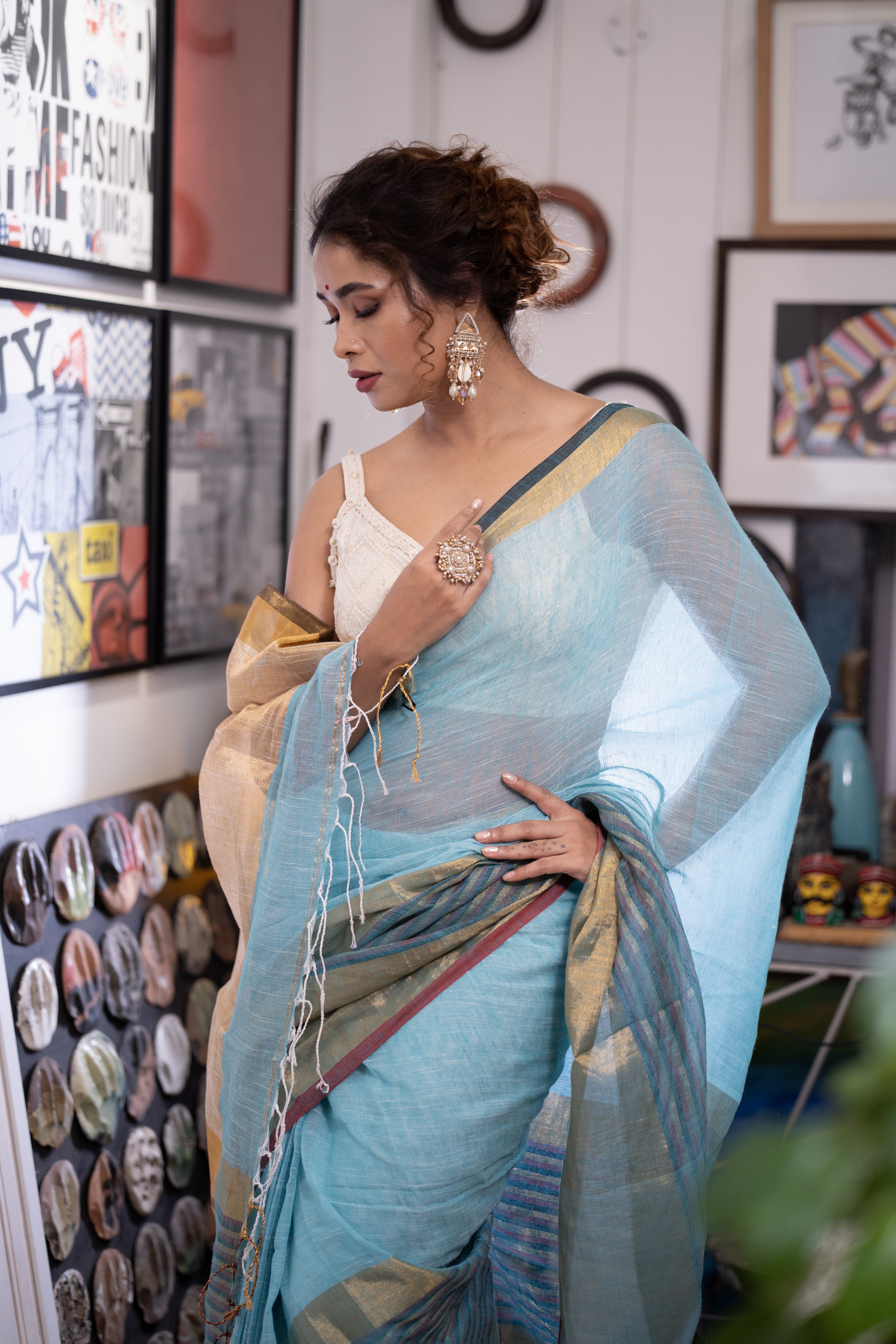Sky Blue Half Half Linen Sarees