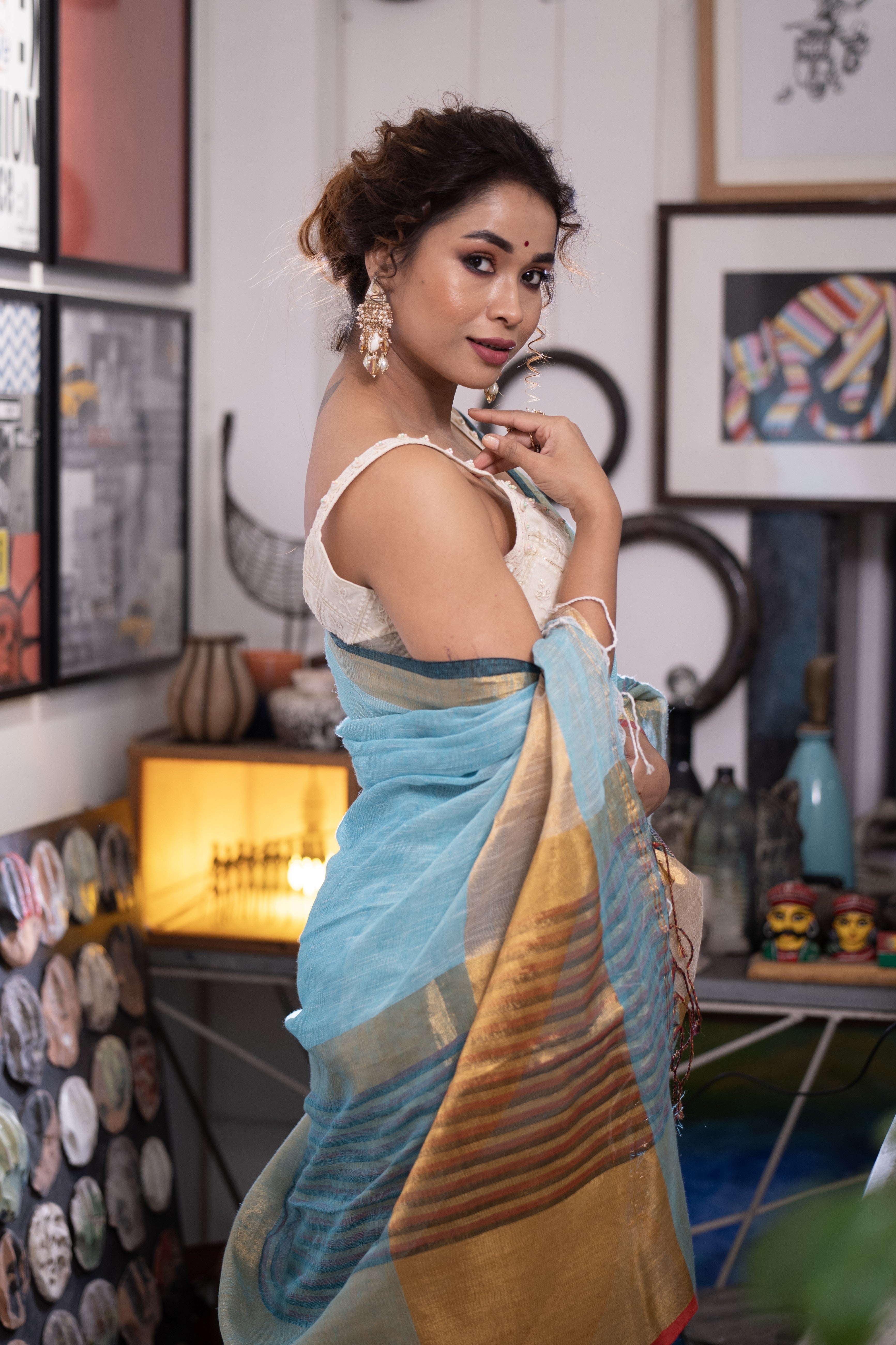 Sky Blue Half Half Linen Sarees