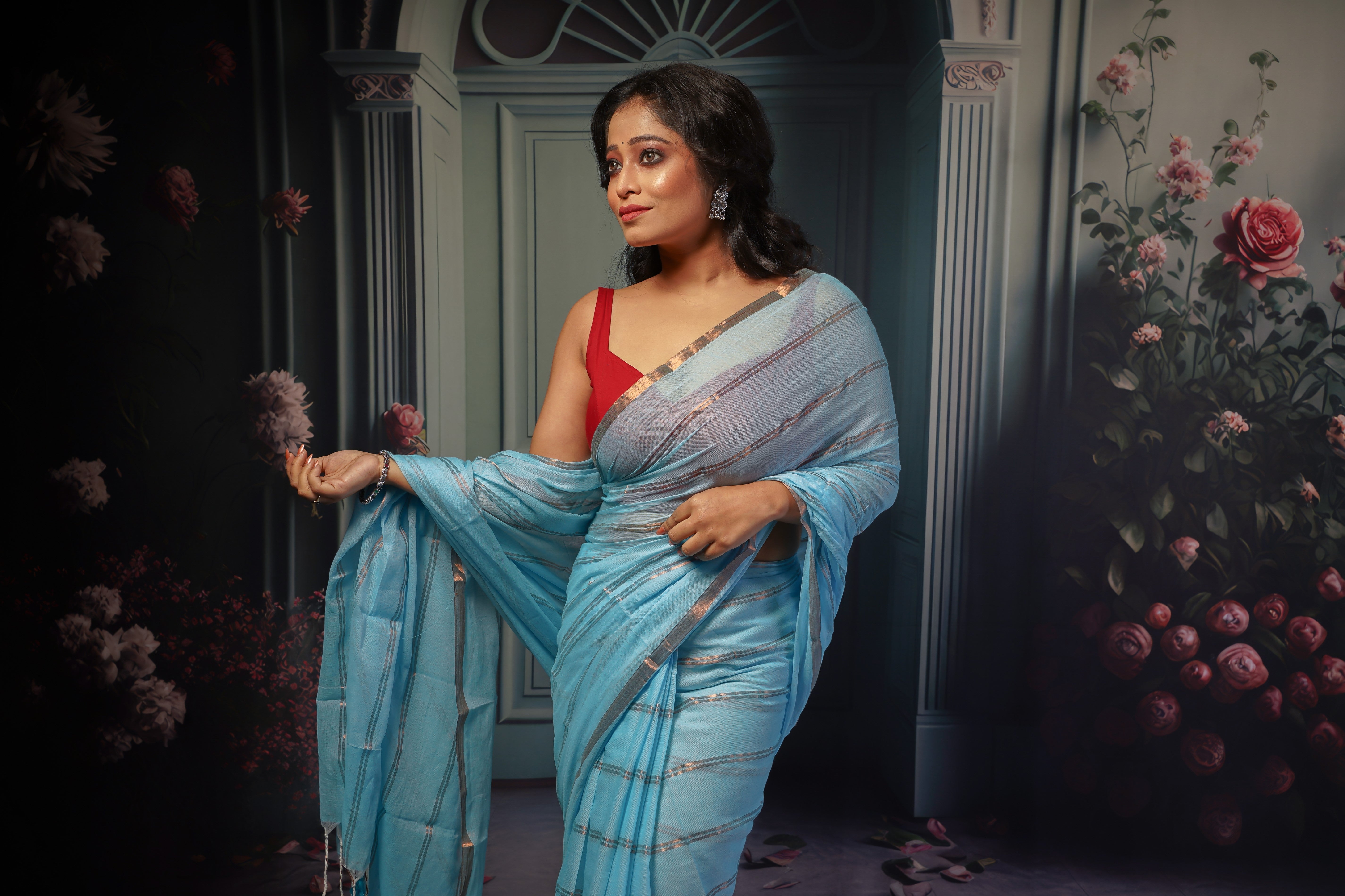 Sky Blue Striped Mul Mul Cotton Saree