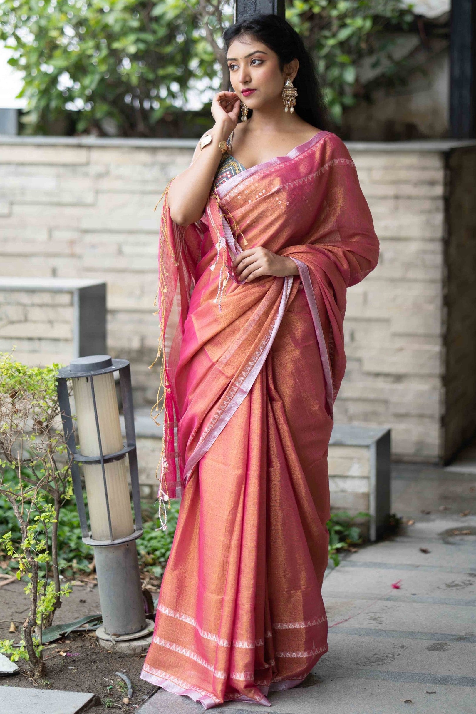 Strawberry Pink Dual Tone Handwoven Tissue Linen Saree with Blouse Piece