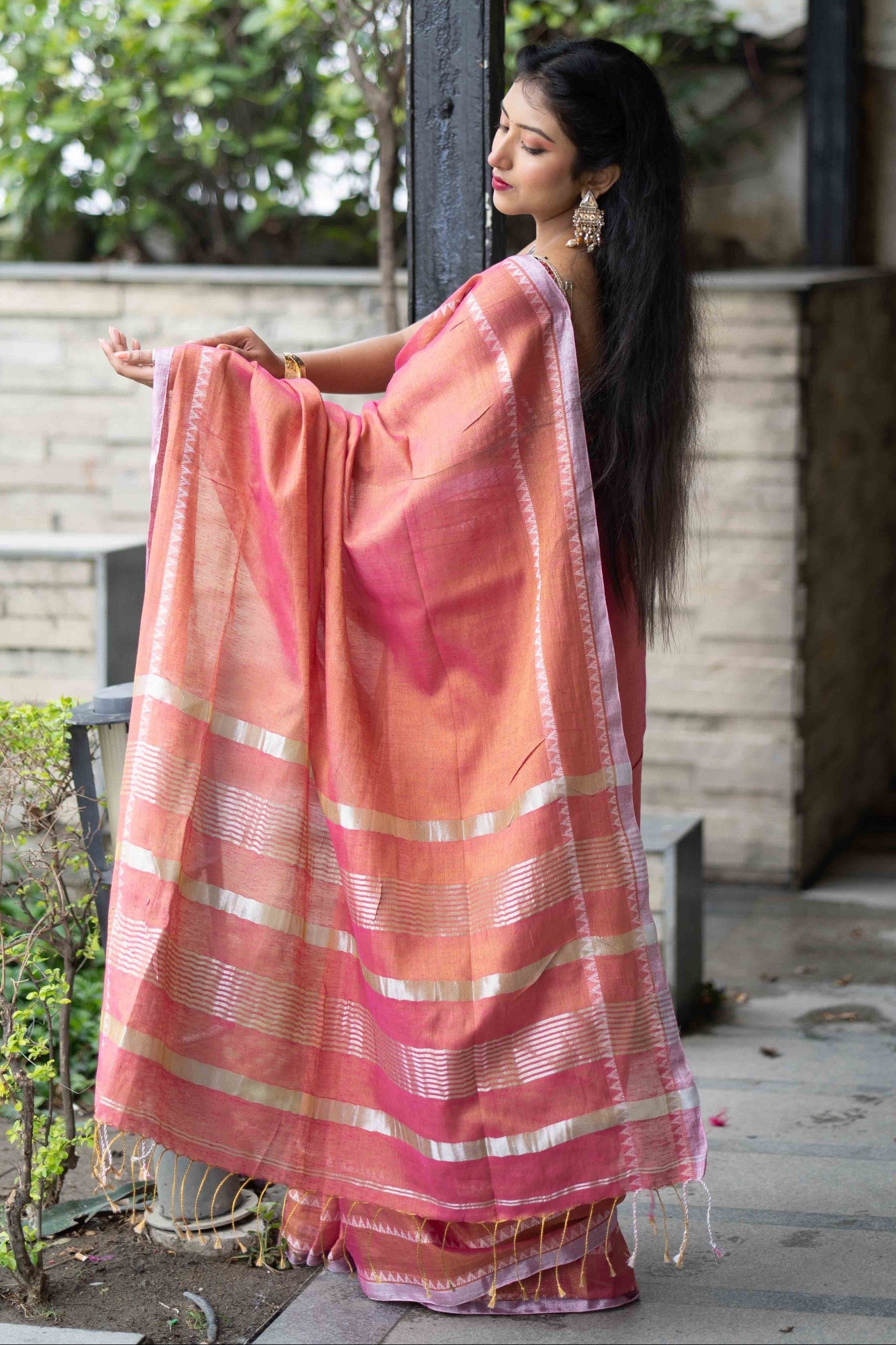 Strawberry Pink Dual Tone Handwoven Tissue Linen Saree with Blouse Piece
