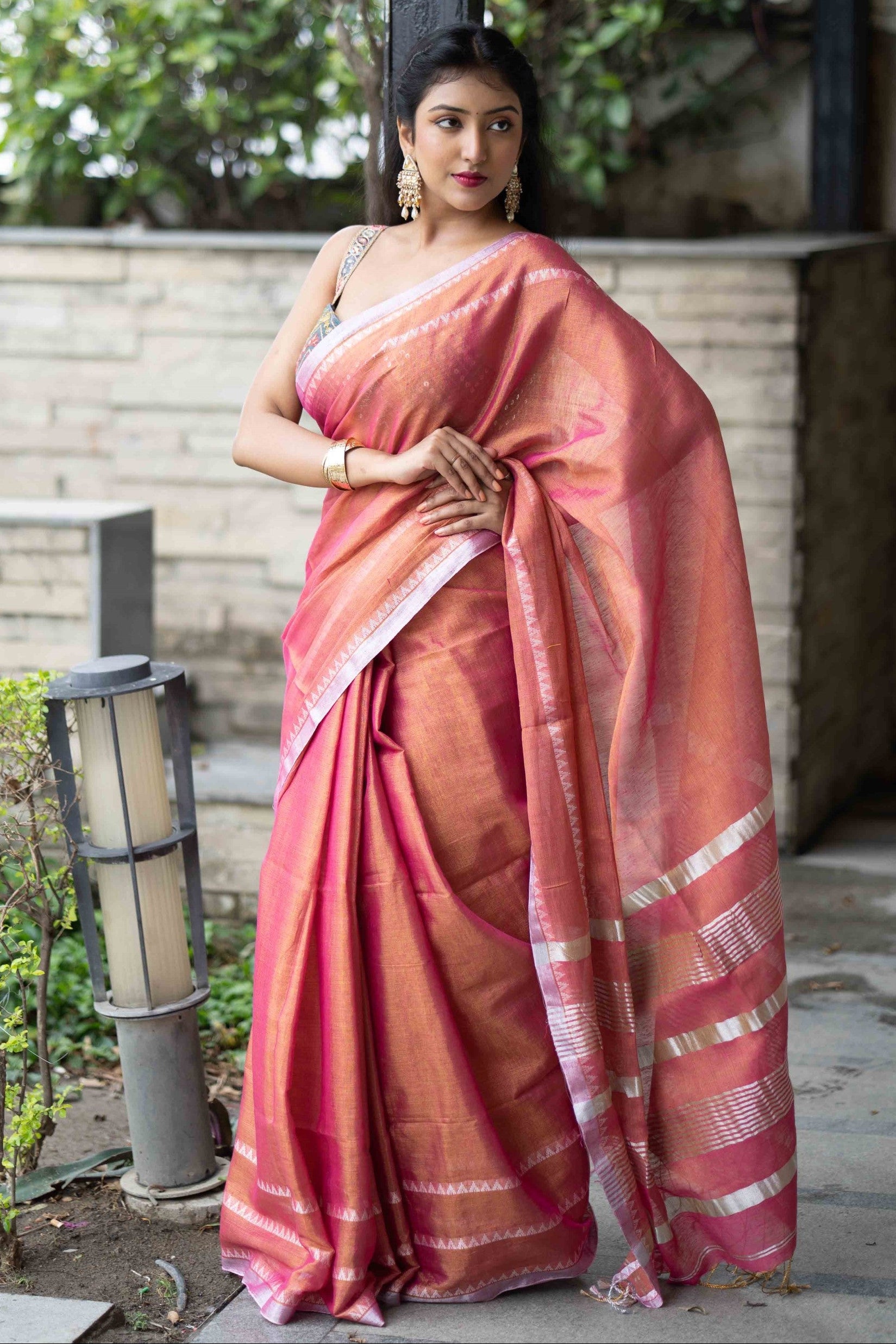 Strawberry Pink Dual Tone Handwoven Tissue Linen Saree with Blouse Piece