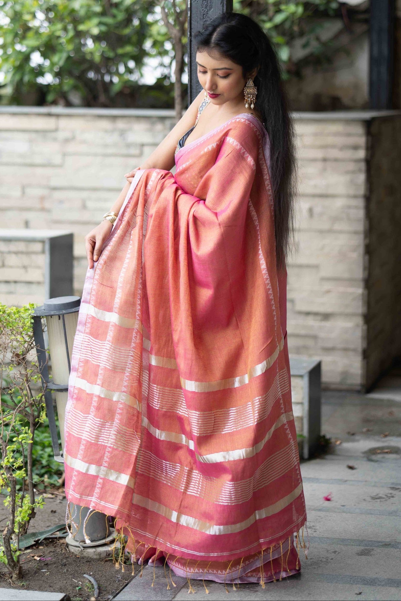 Strawberry Pink Dual Tone Handwoven Tissue Linen Saree with Blouse Piece