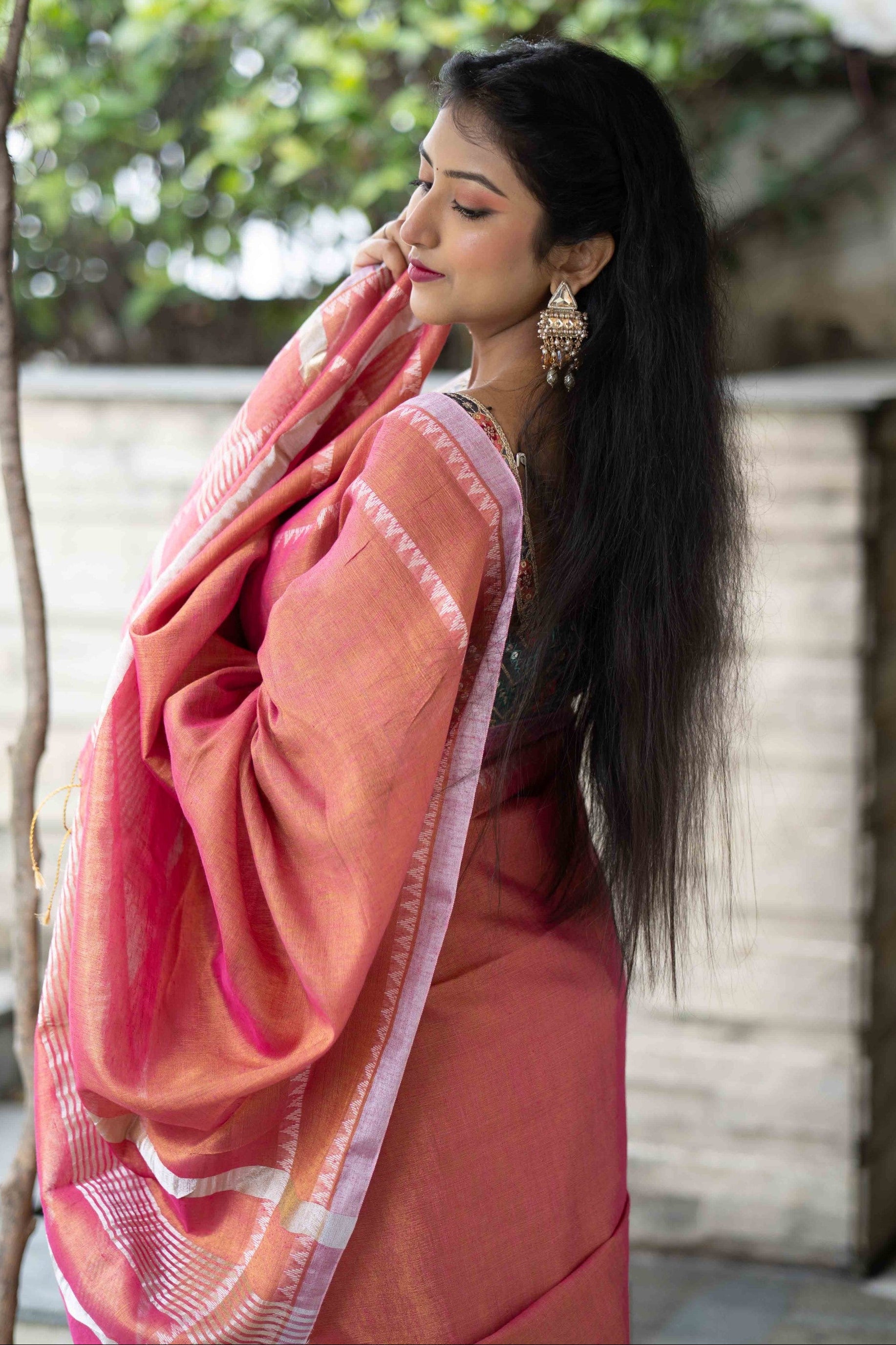 Strawberry Pink Dual Tone Handwoven Tissue Linen Saree with Blouse Piece