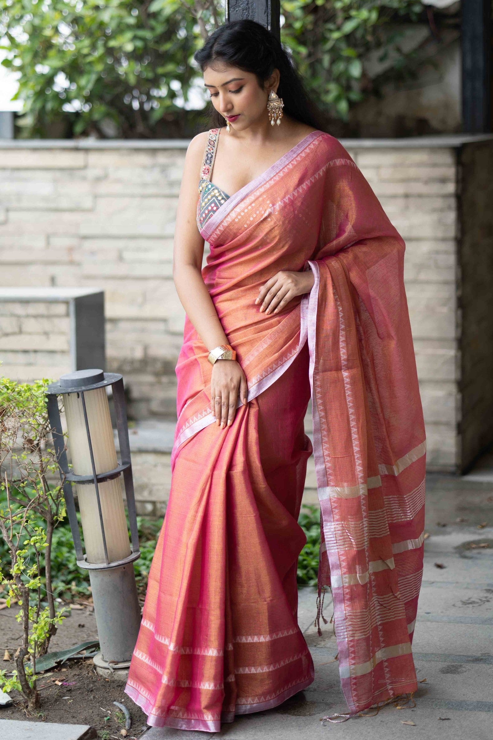Strawberry Pink Dual Tone Handwoven Tissue Linen Saree with Blouse Piece