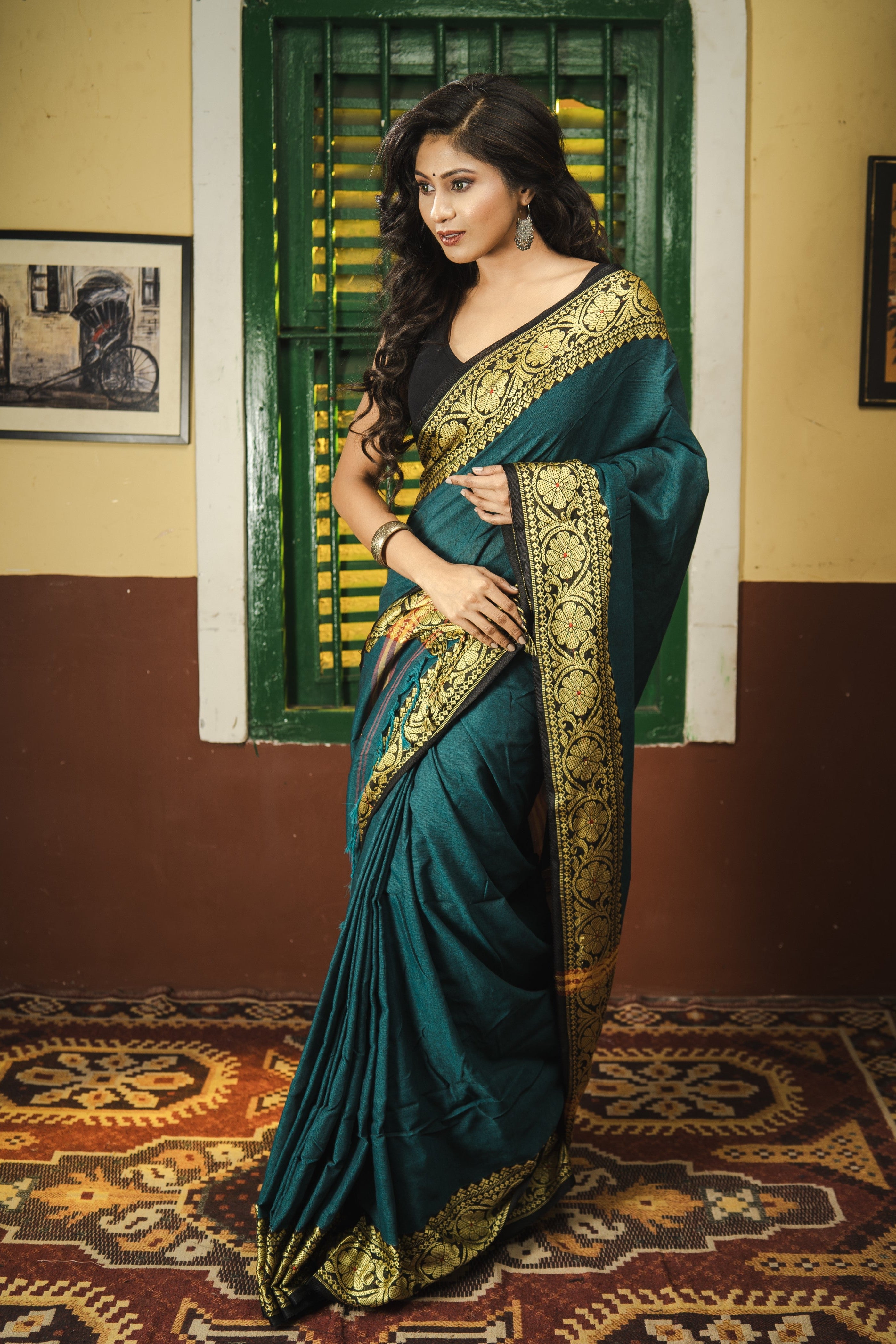 Teal Handweaving Pure Cotton Saree with blouse piece