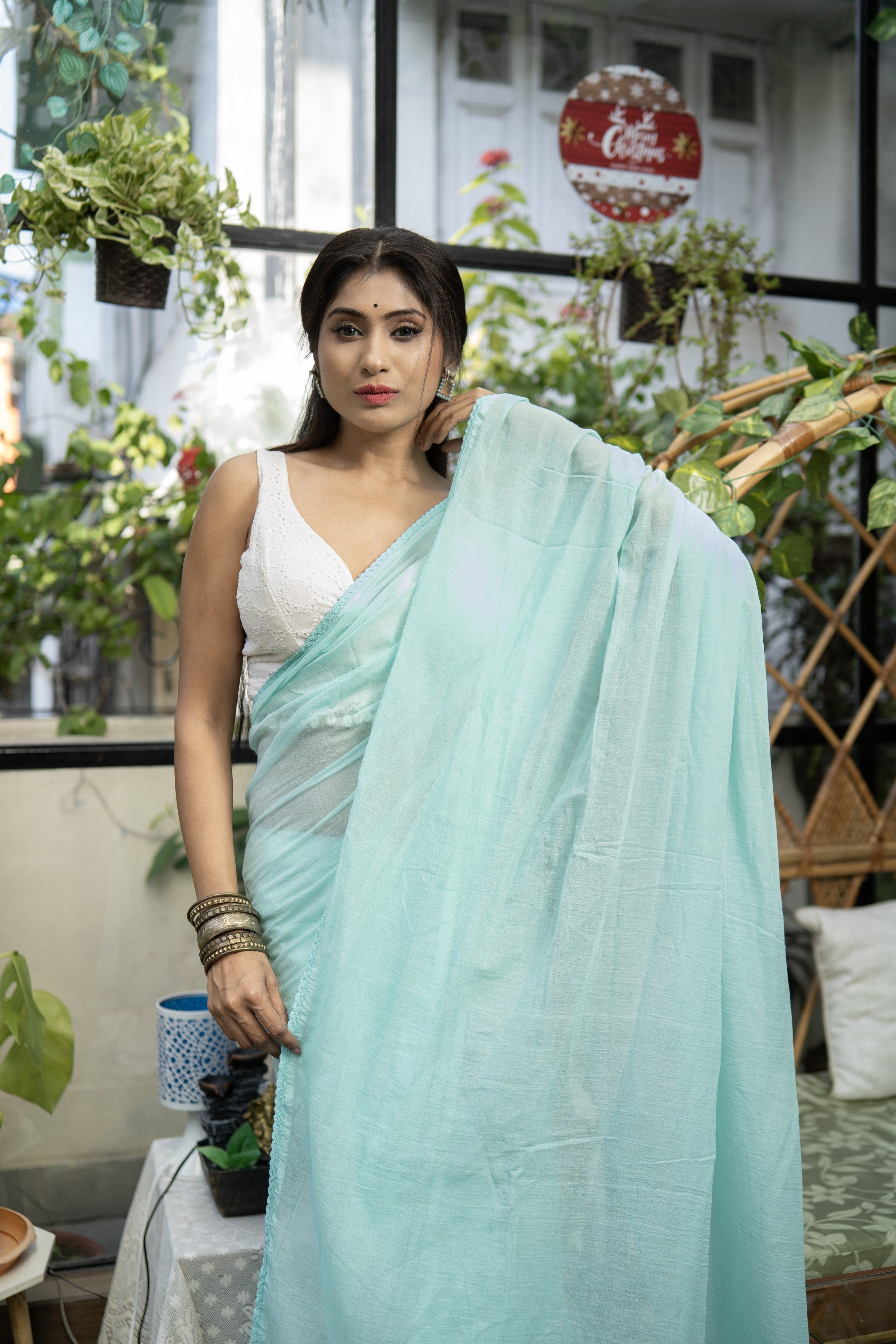 Turquoise blue embroidery lace mul cotton saree
