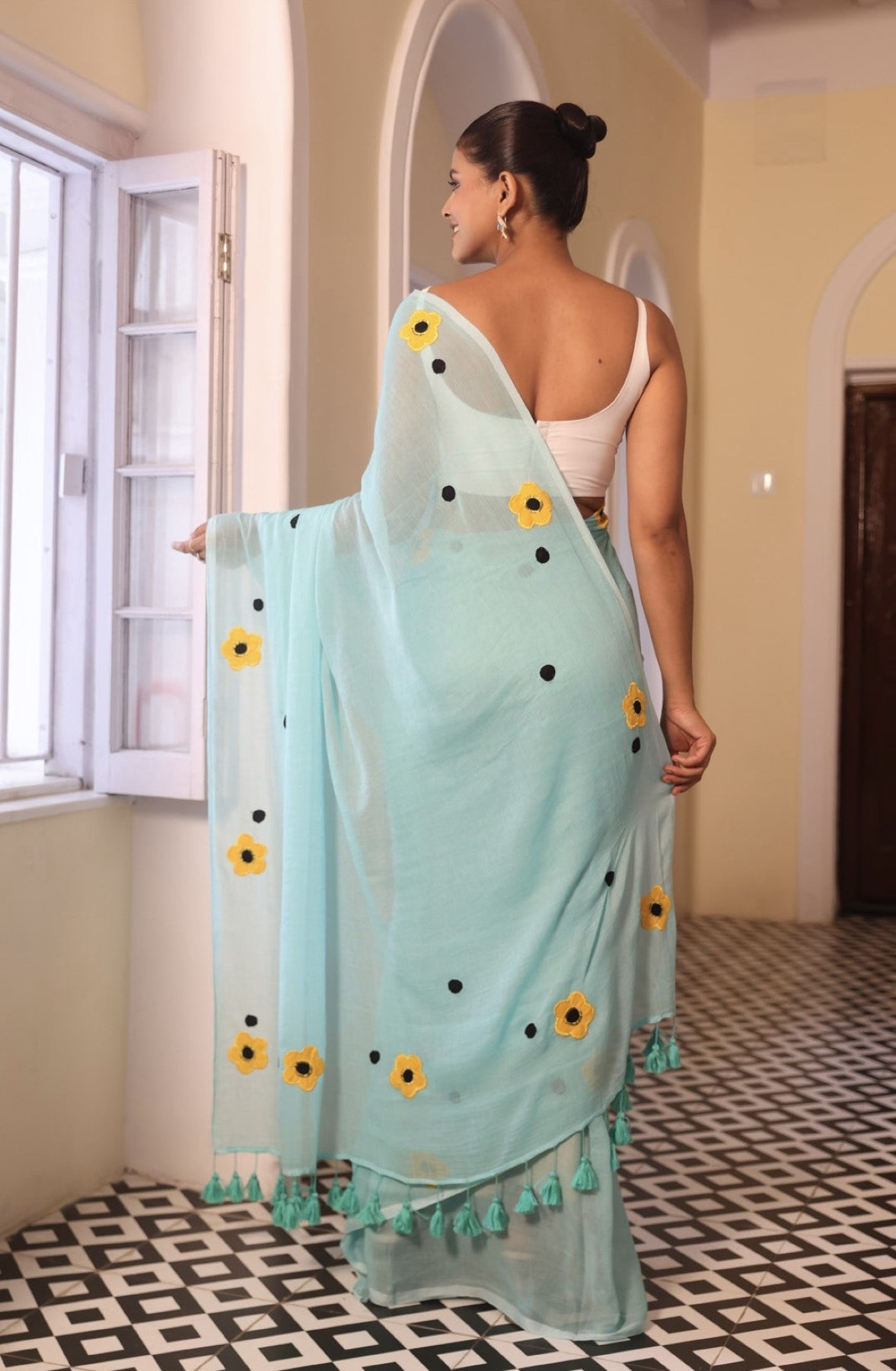 Turquoise Mulmul Cotton Saree with Floral Applique Work