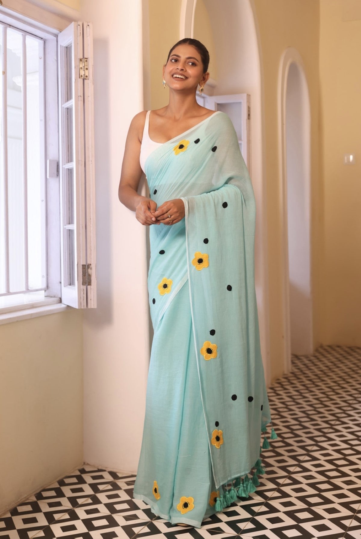 Turquoise Mulmul Cotton Saree with Floral Applique Work