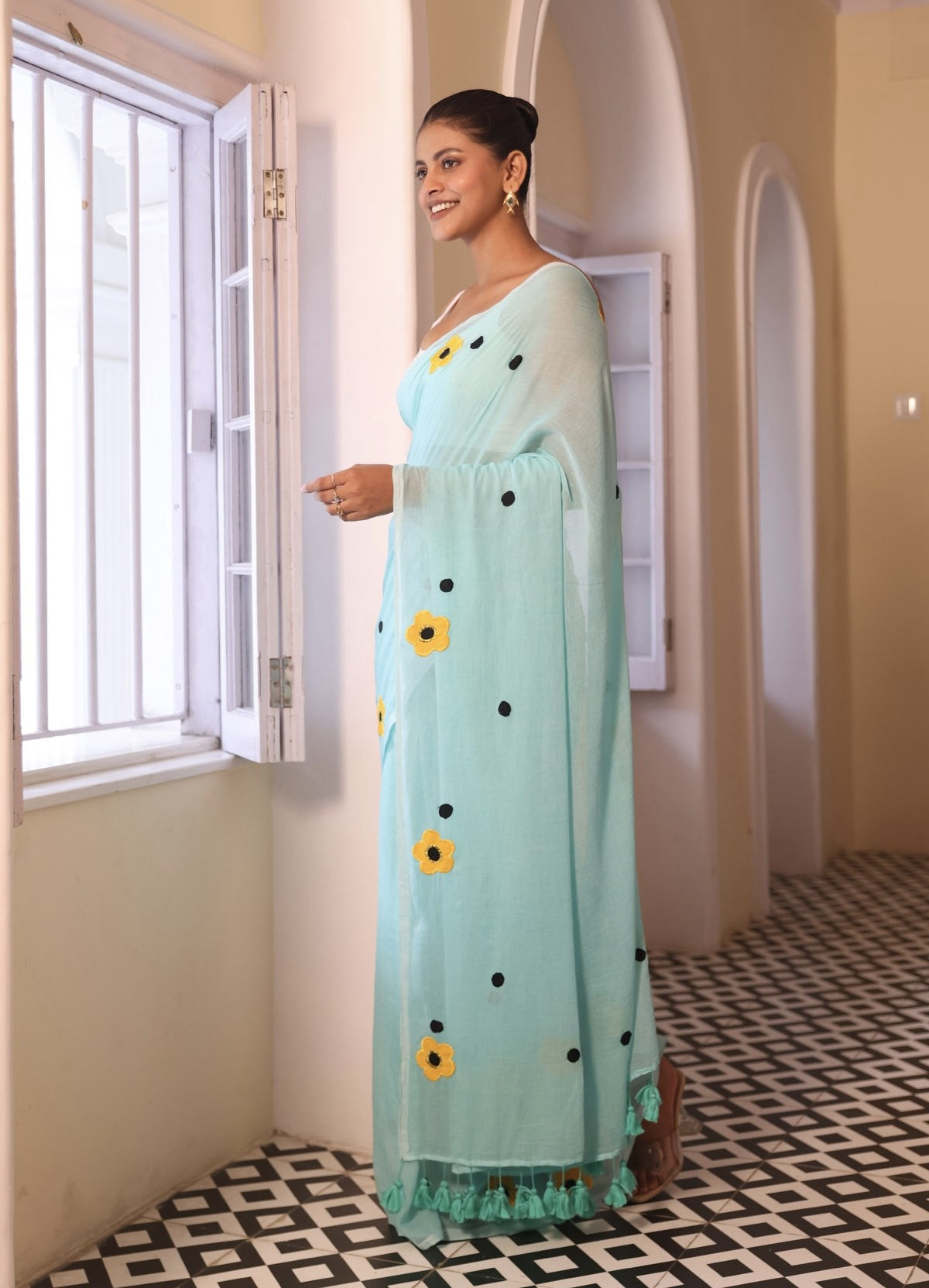 Turquoise Mulmul Cotton Saree with Floral Applique Work