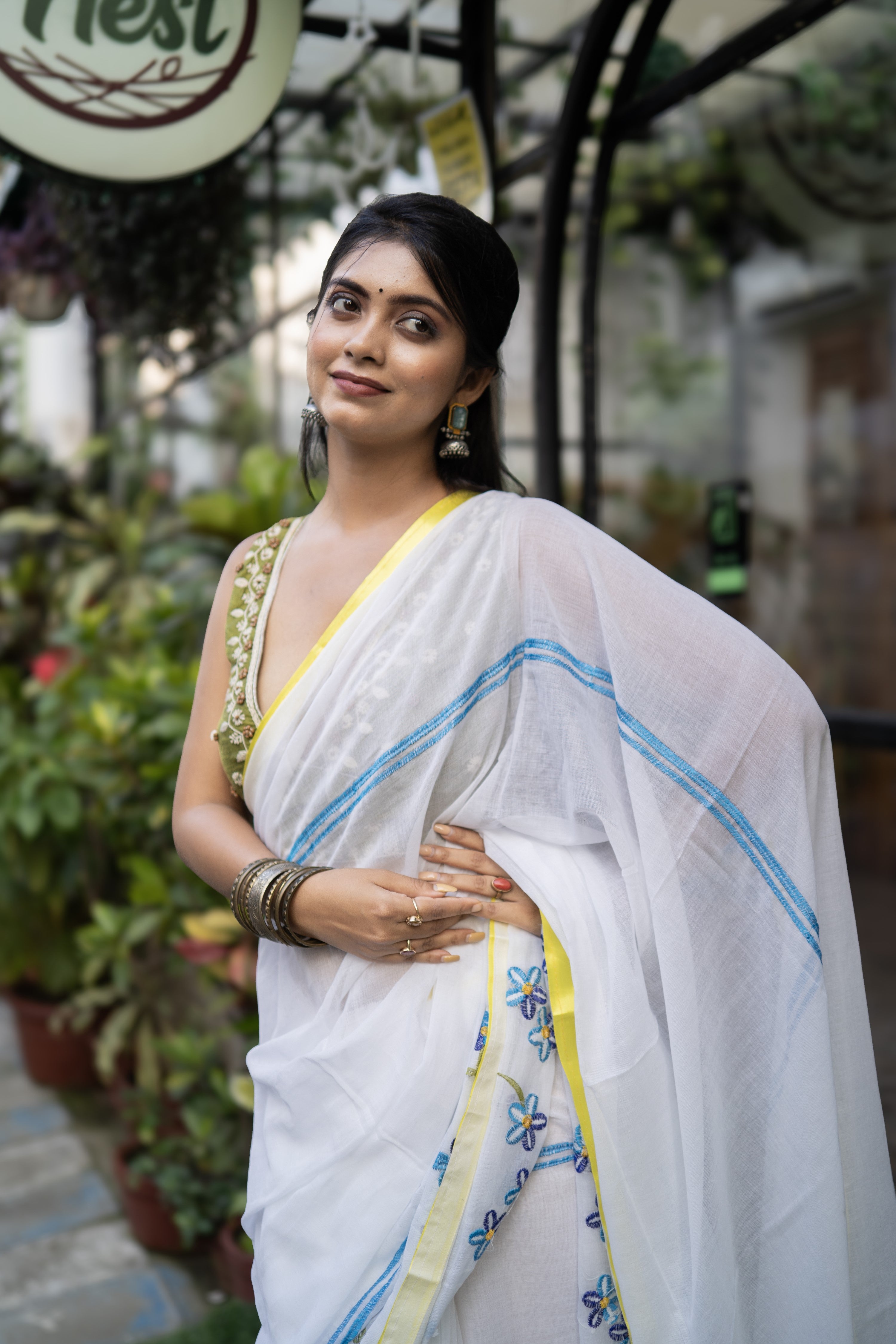 White Mul Mul Cotton Saree With Embroidery Work