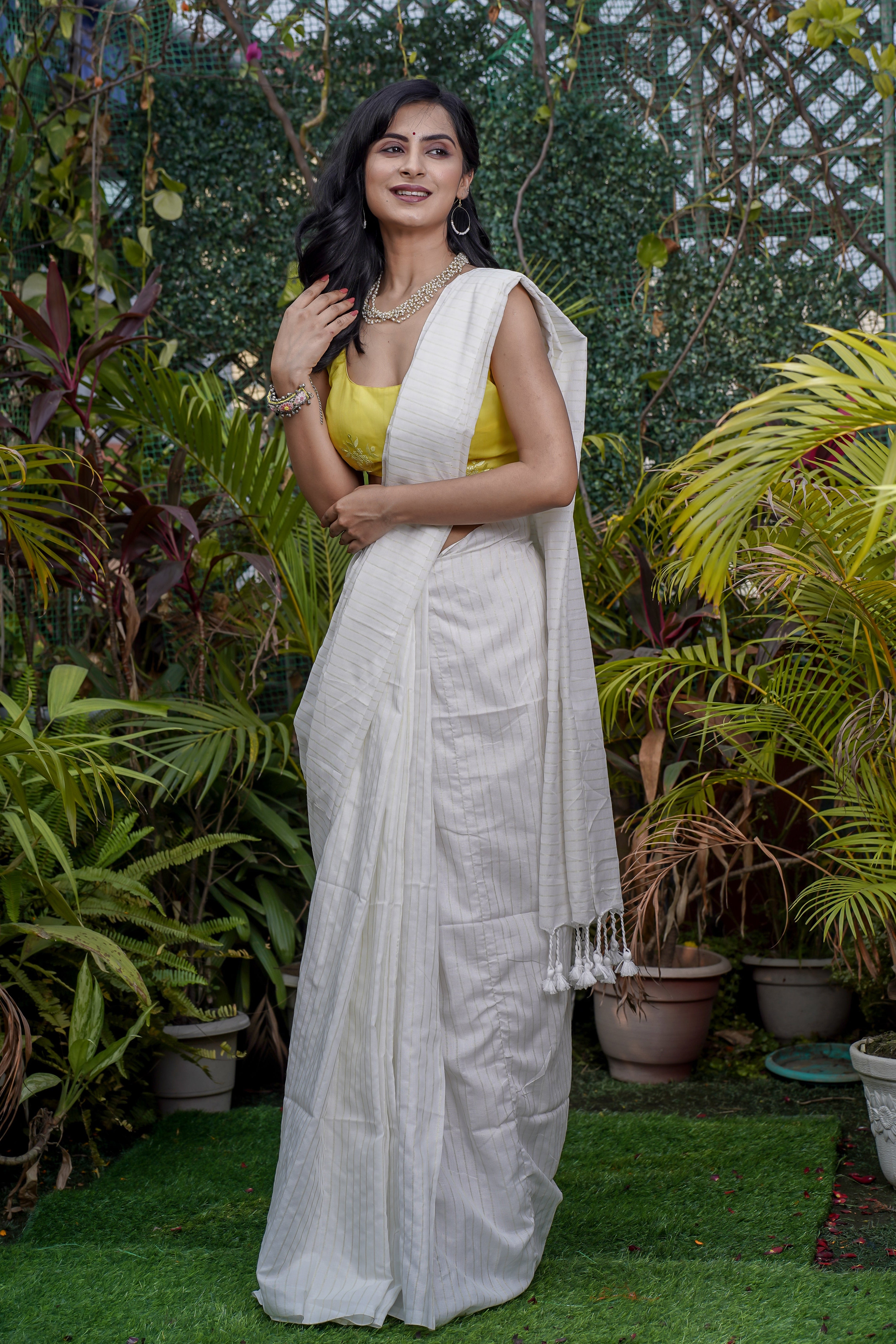 White Khadi Cotton Golden Striped Saree with blouse piece