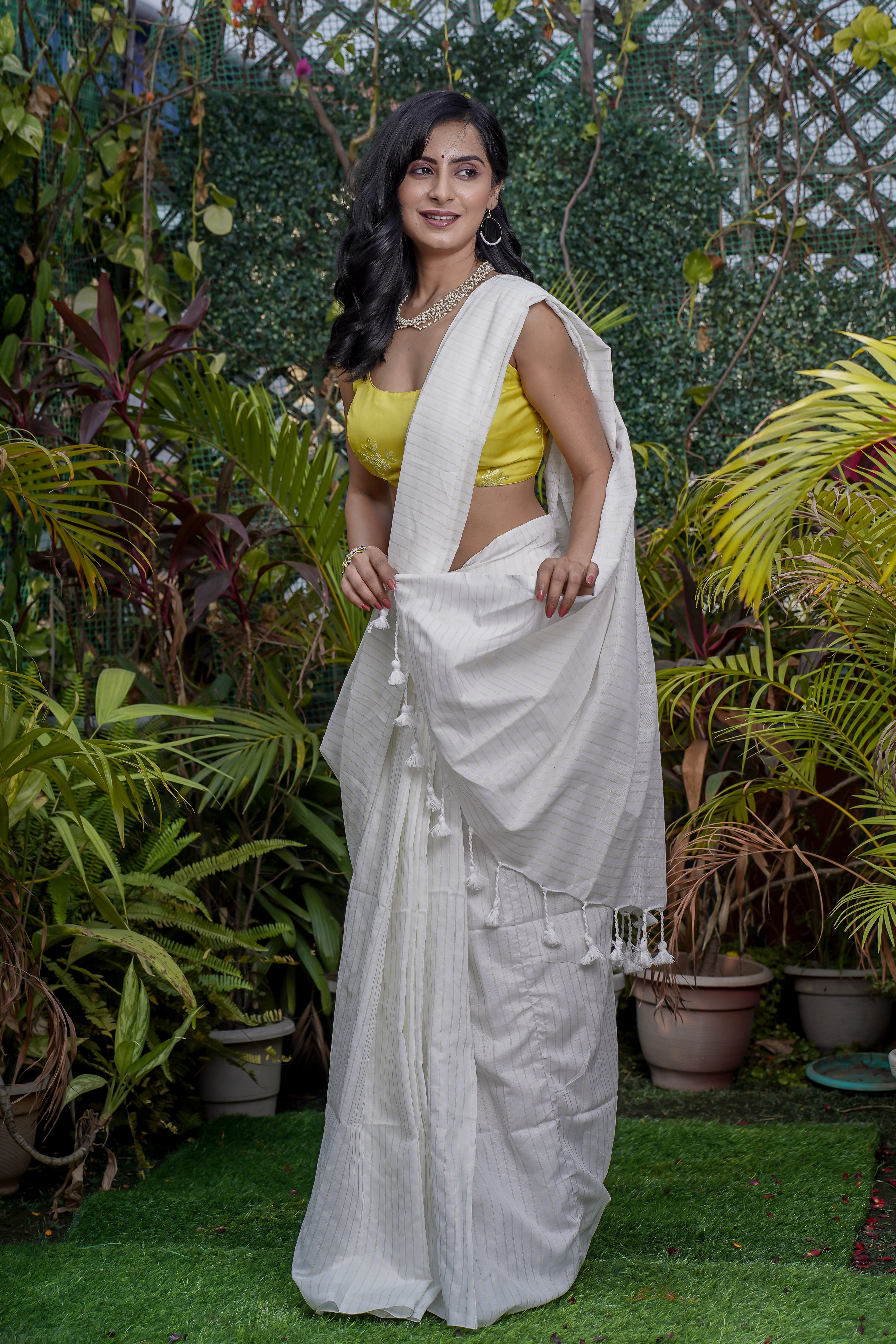 White Khadi Cotton Golden Striped Saree with blouse piece