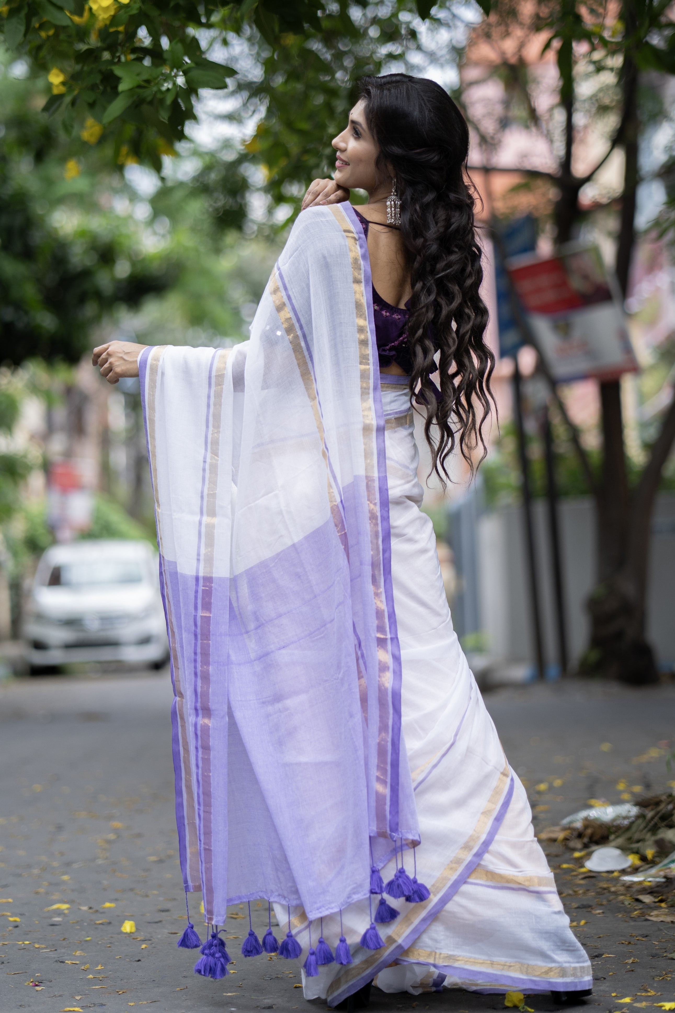 White Mul Mul Cotton Saree With purple & golden Border