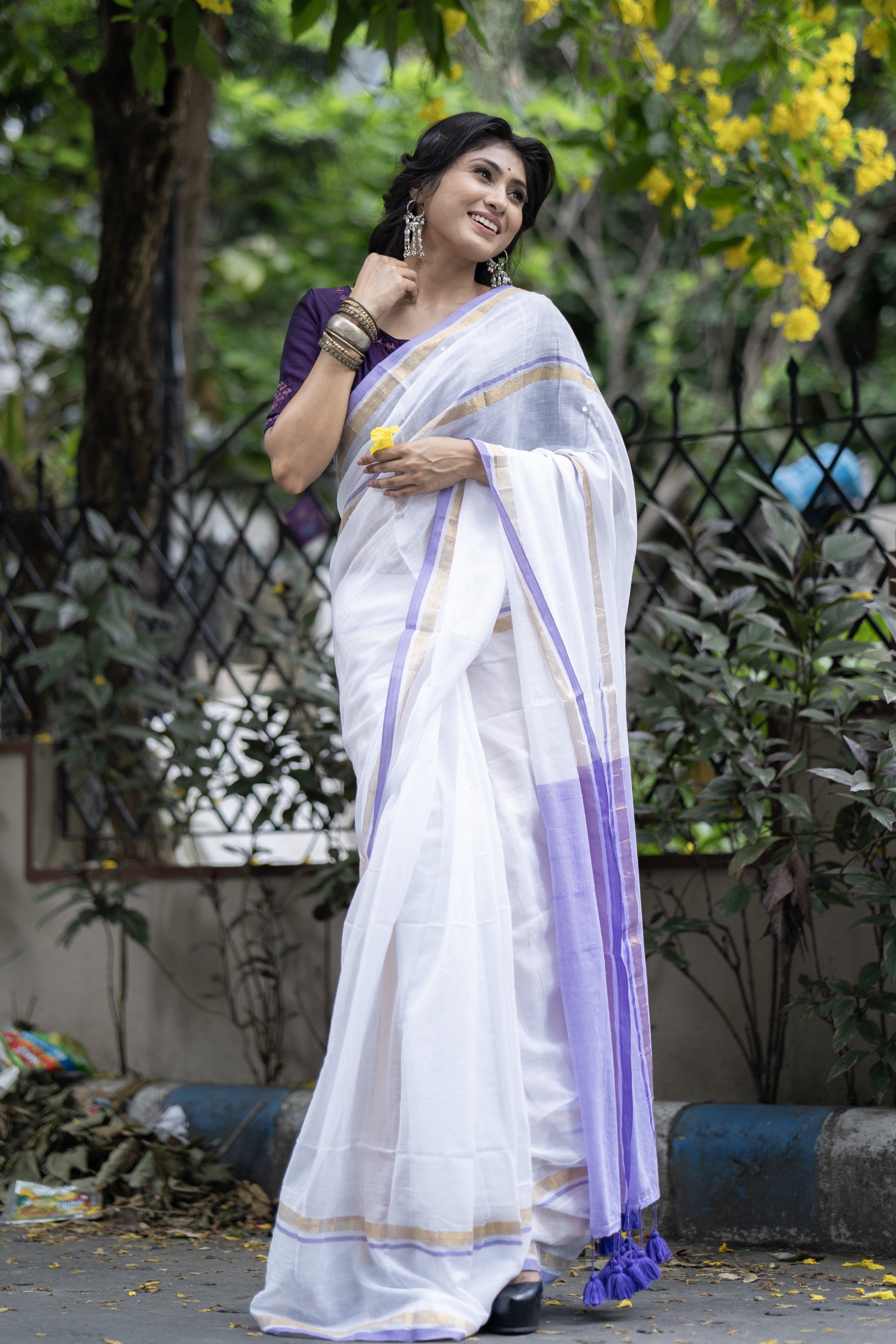 White Mul Mul Cotton Saree With purple & golden Border
