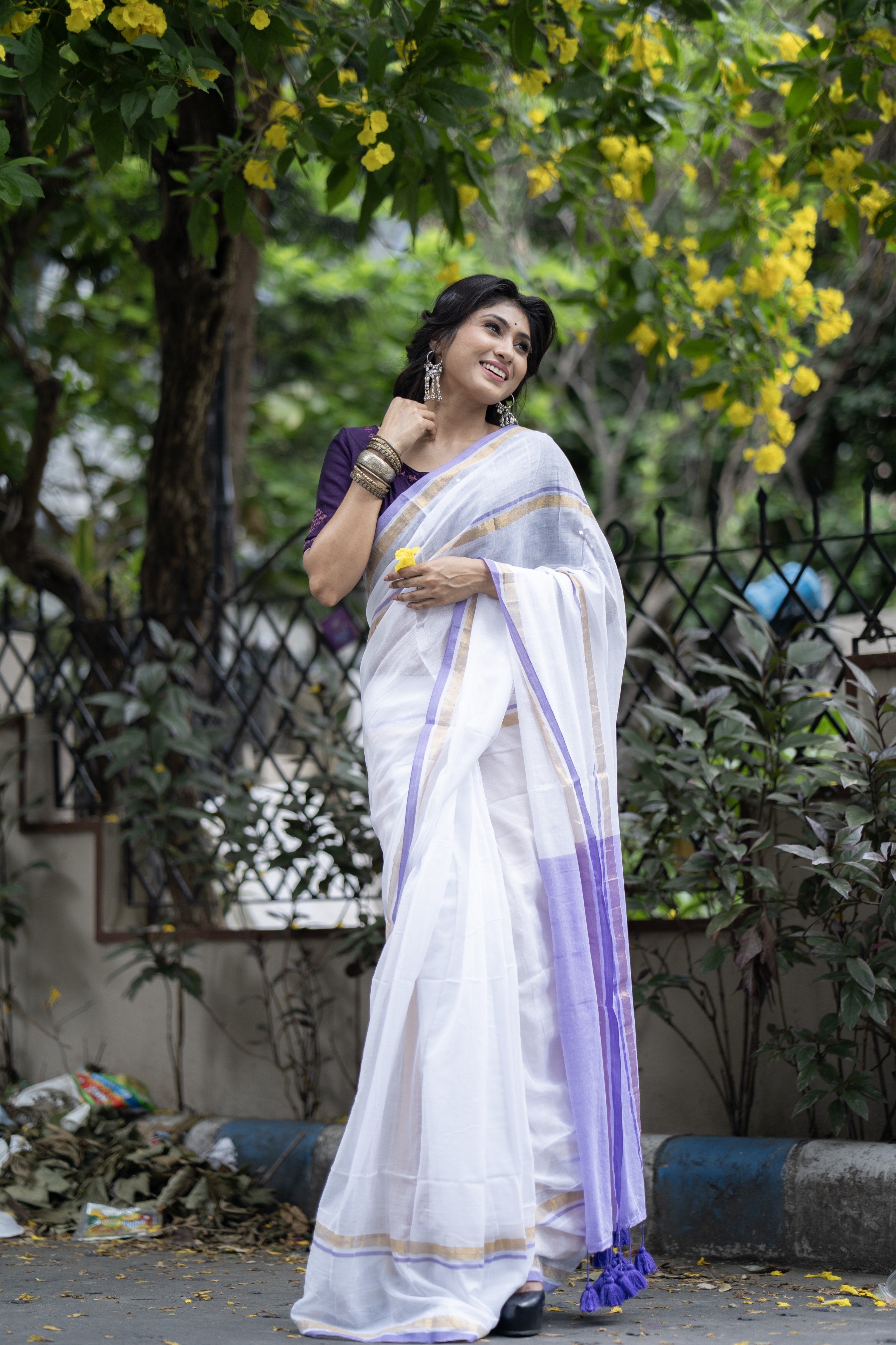 White Mul Mul Cotton Saree With purple & golden Border