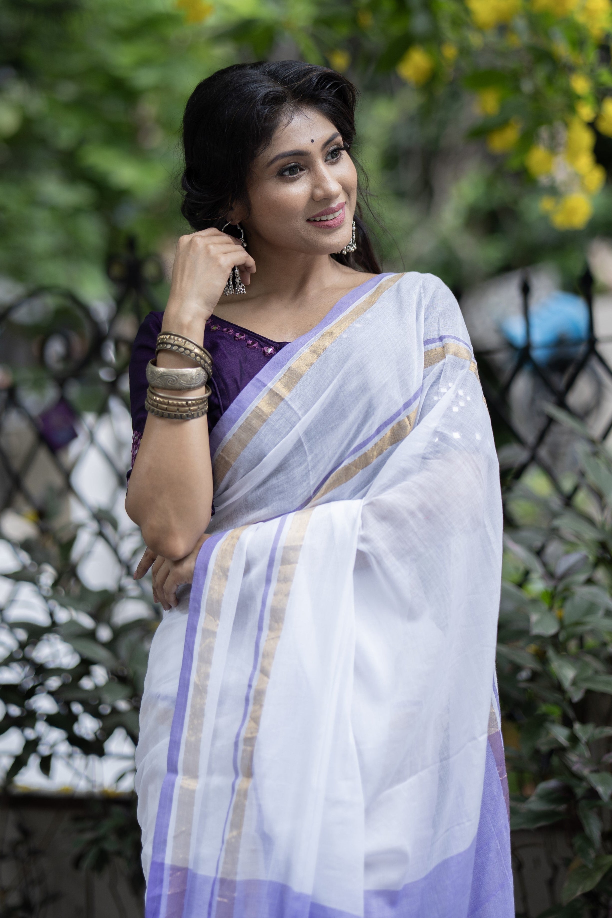 White Mul Mul Cotton Saree With purple & golden Border