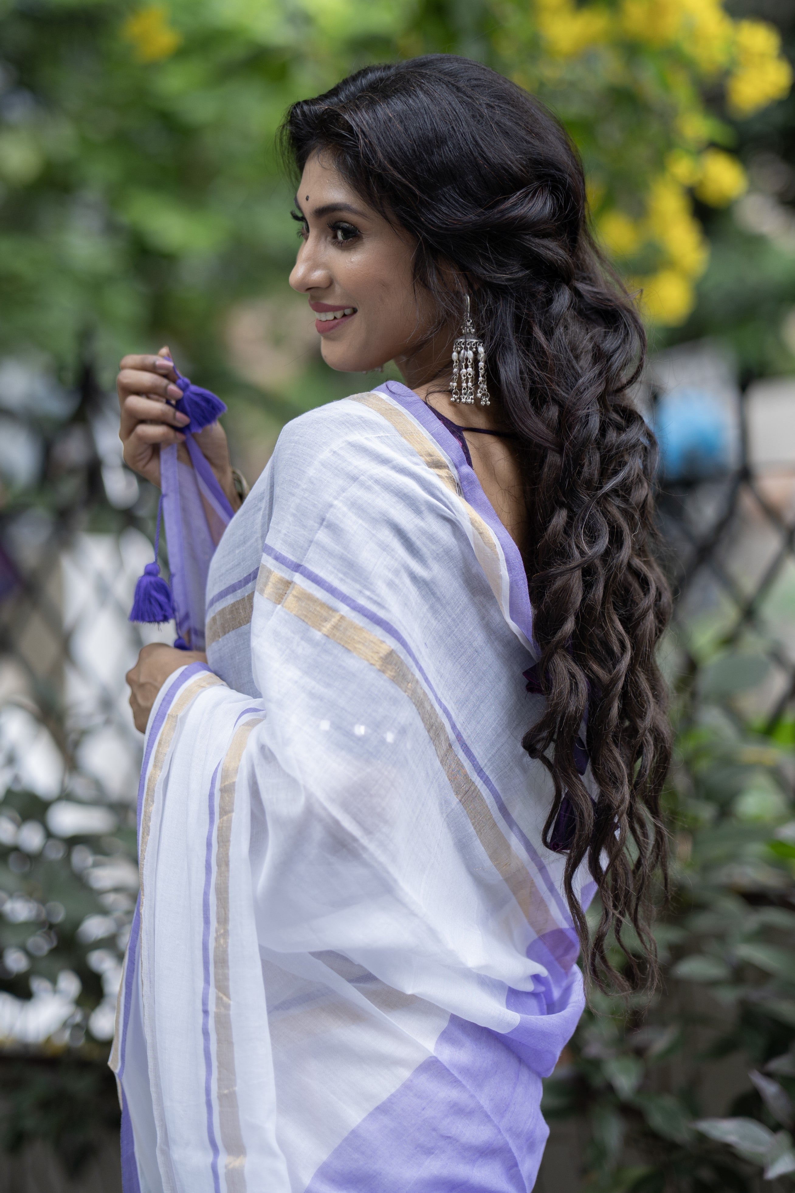 White Mul Mul Cotton Saree With purple & golden Border