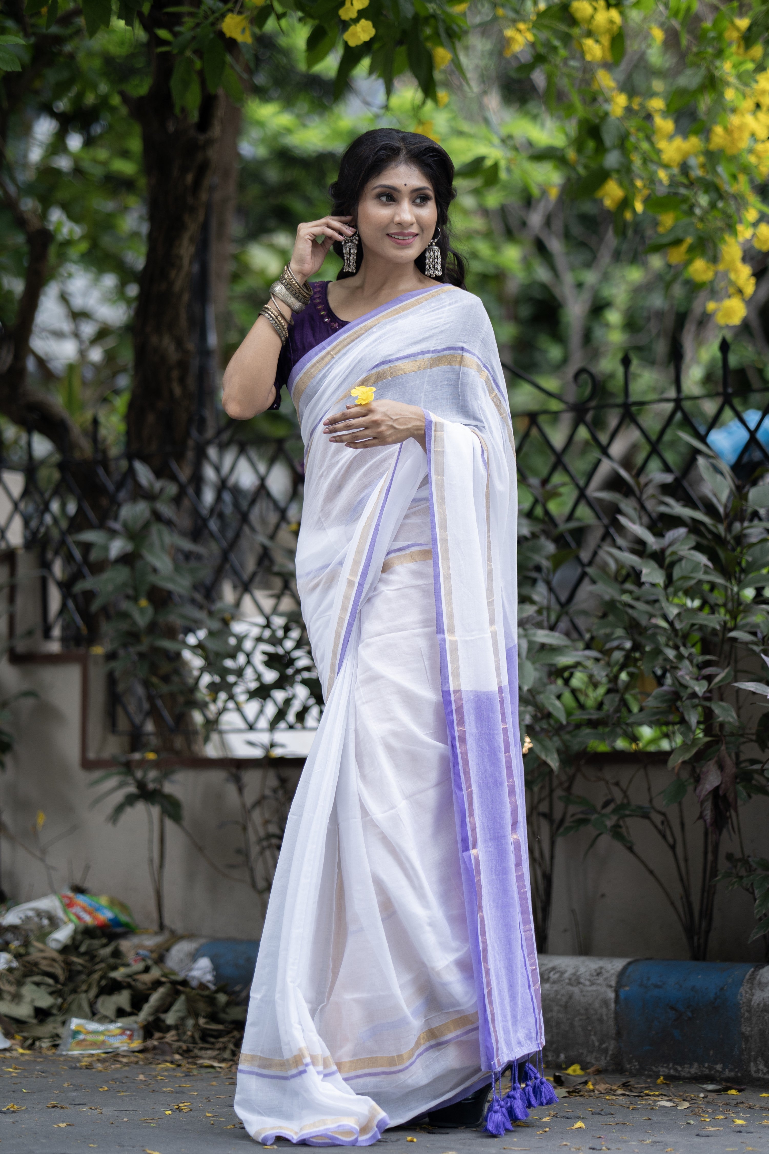 White Mul Mul Cotton Saree With purple & golden Border