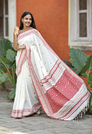White & Red pure Mashrise Cotton handwoven saree with blouse piece