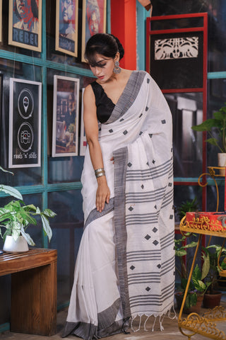 White Assam Cotton hand weaving Saree with blouse piece