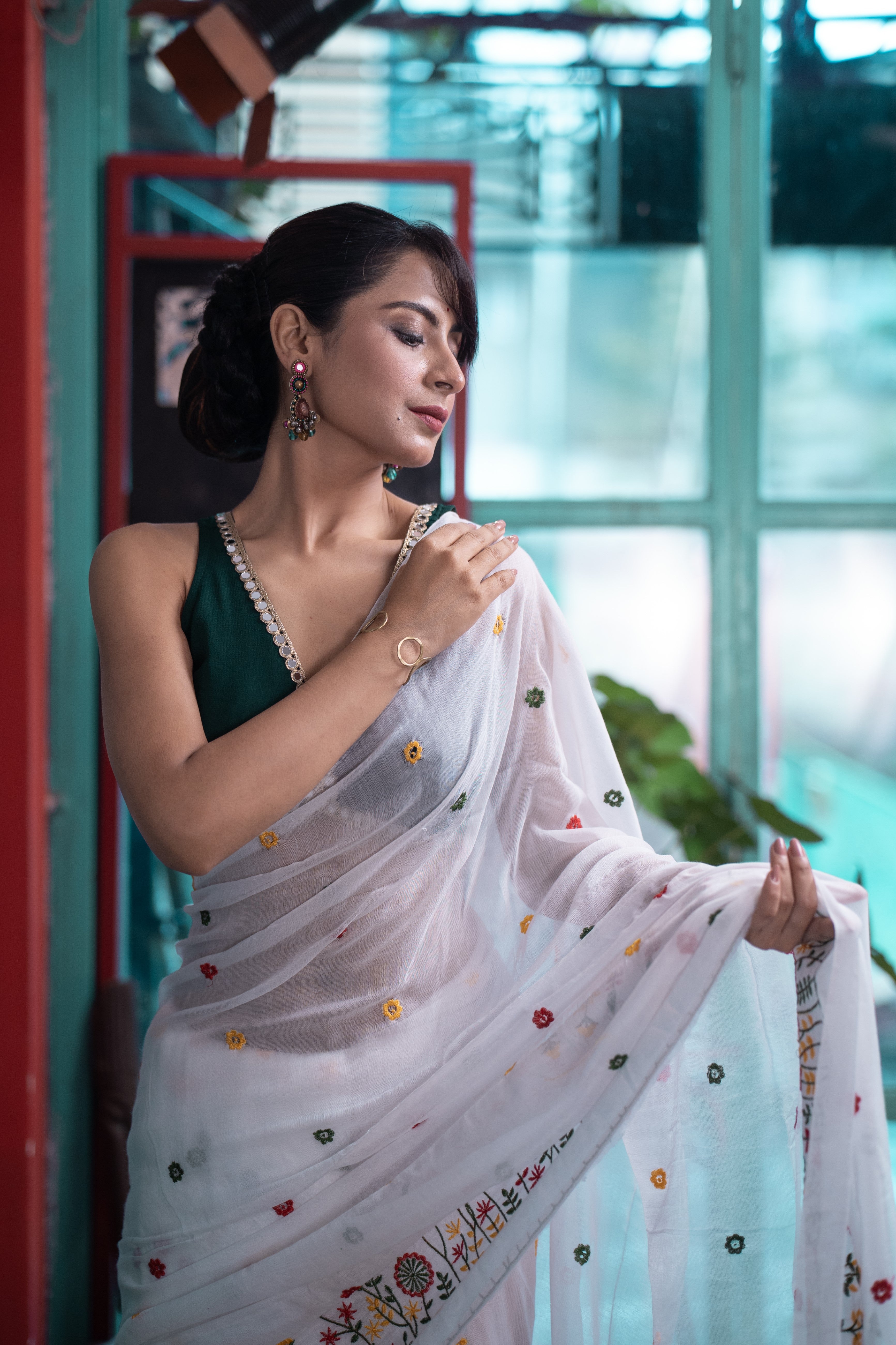 Soft khadi Cotton Embroidery Saree-White